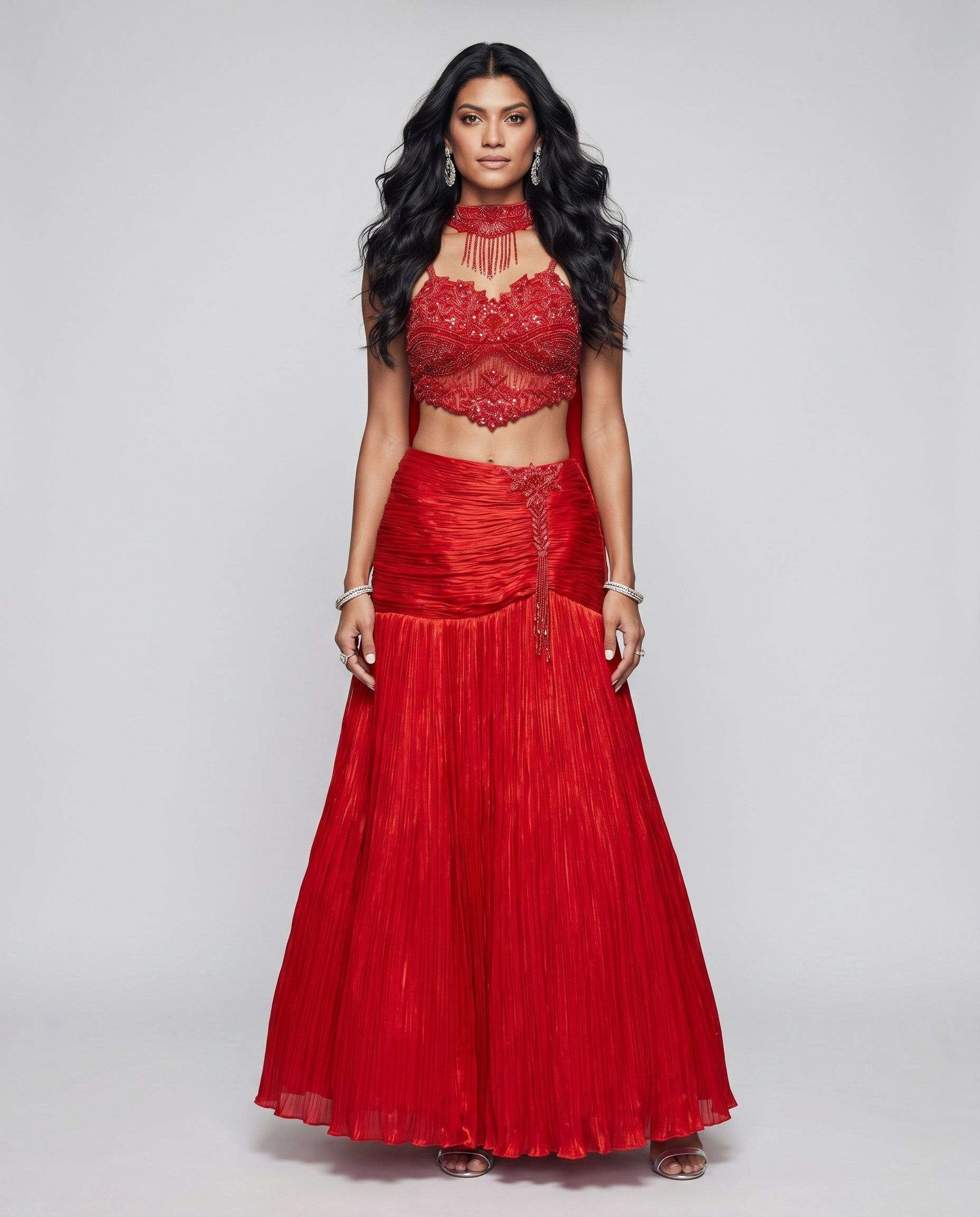 Red Soft Silk Indo Western with Moti Resham Cut Work and Cutdana Work