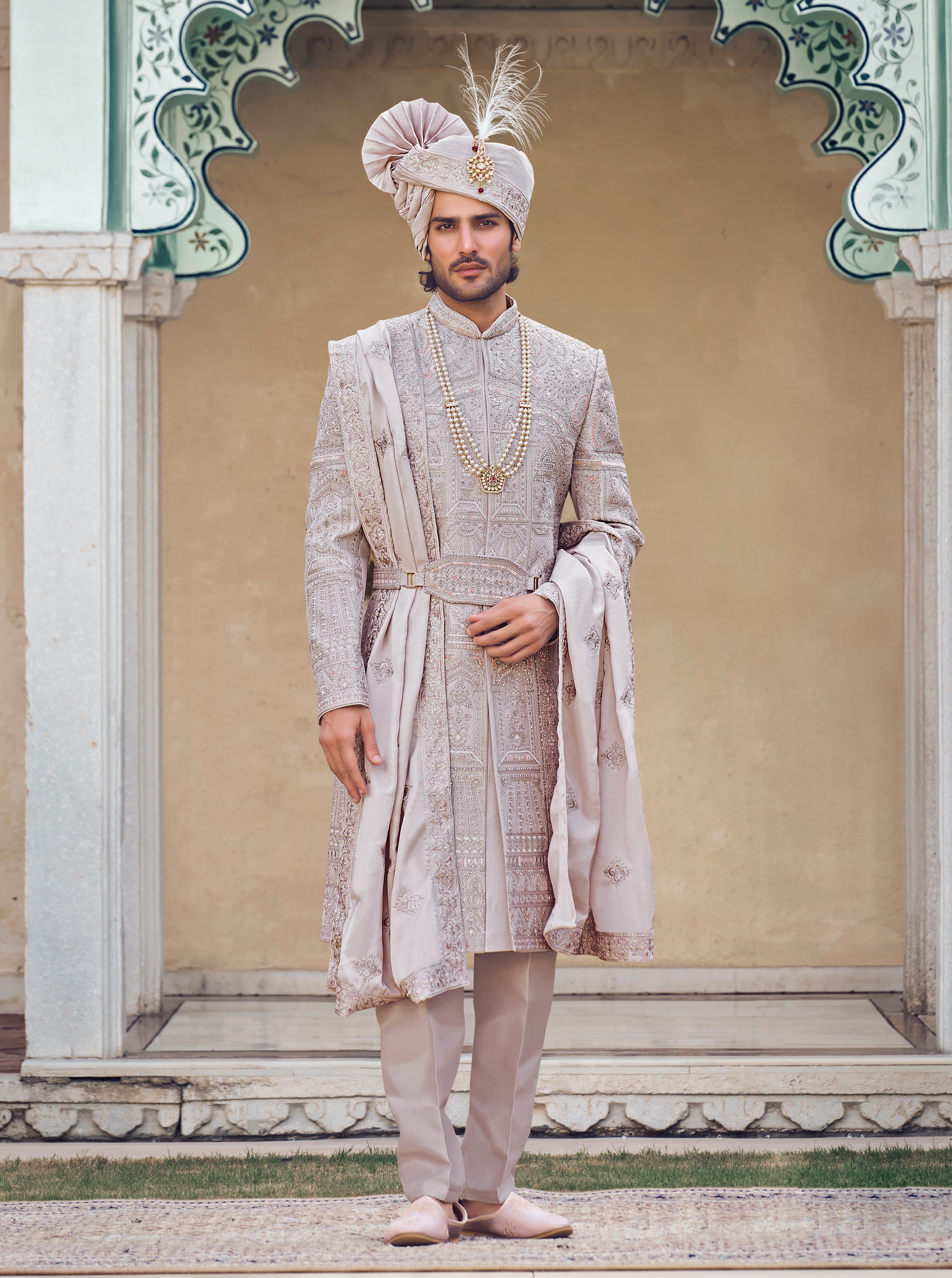 Buy Dusty Gold Raw Silk Sherwani with Thread Work Shreeman