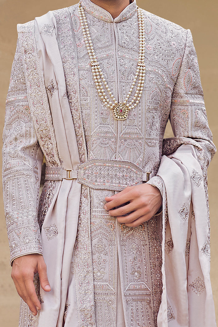 Dusty Gold Raw Silk Sherwani with Thread Work