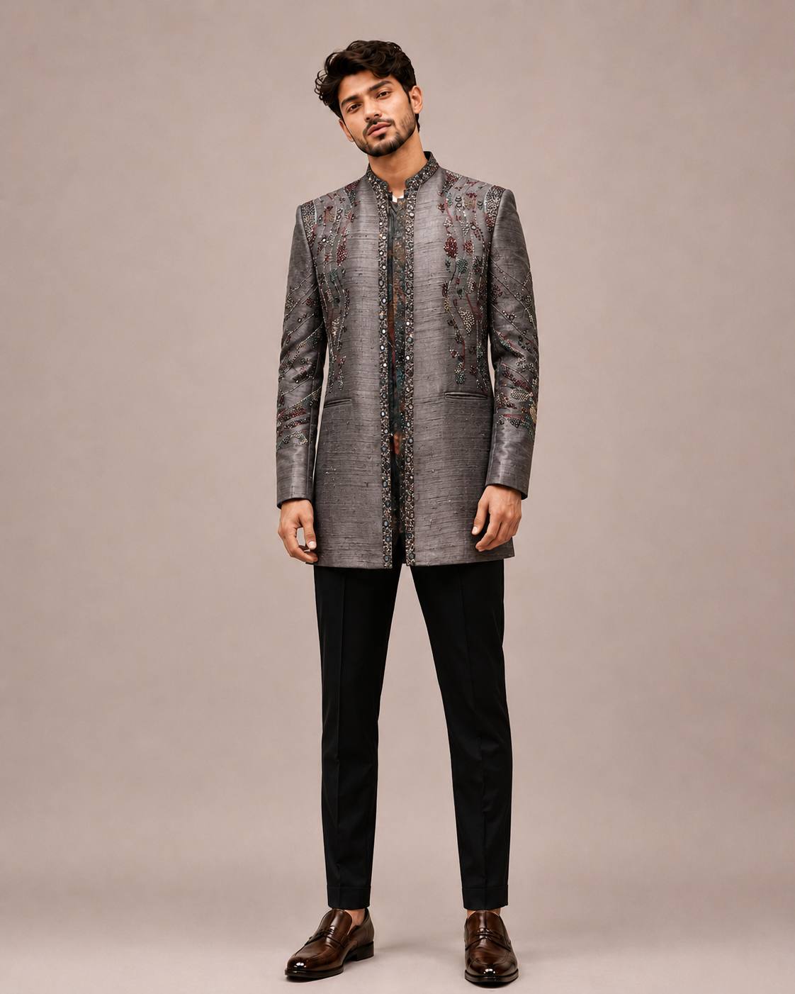 Gray Matka Silk Indo Western for Men with Hand Work