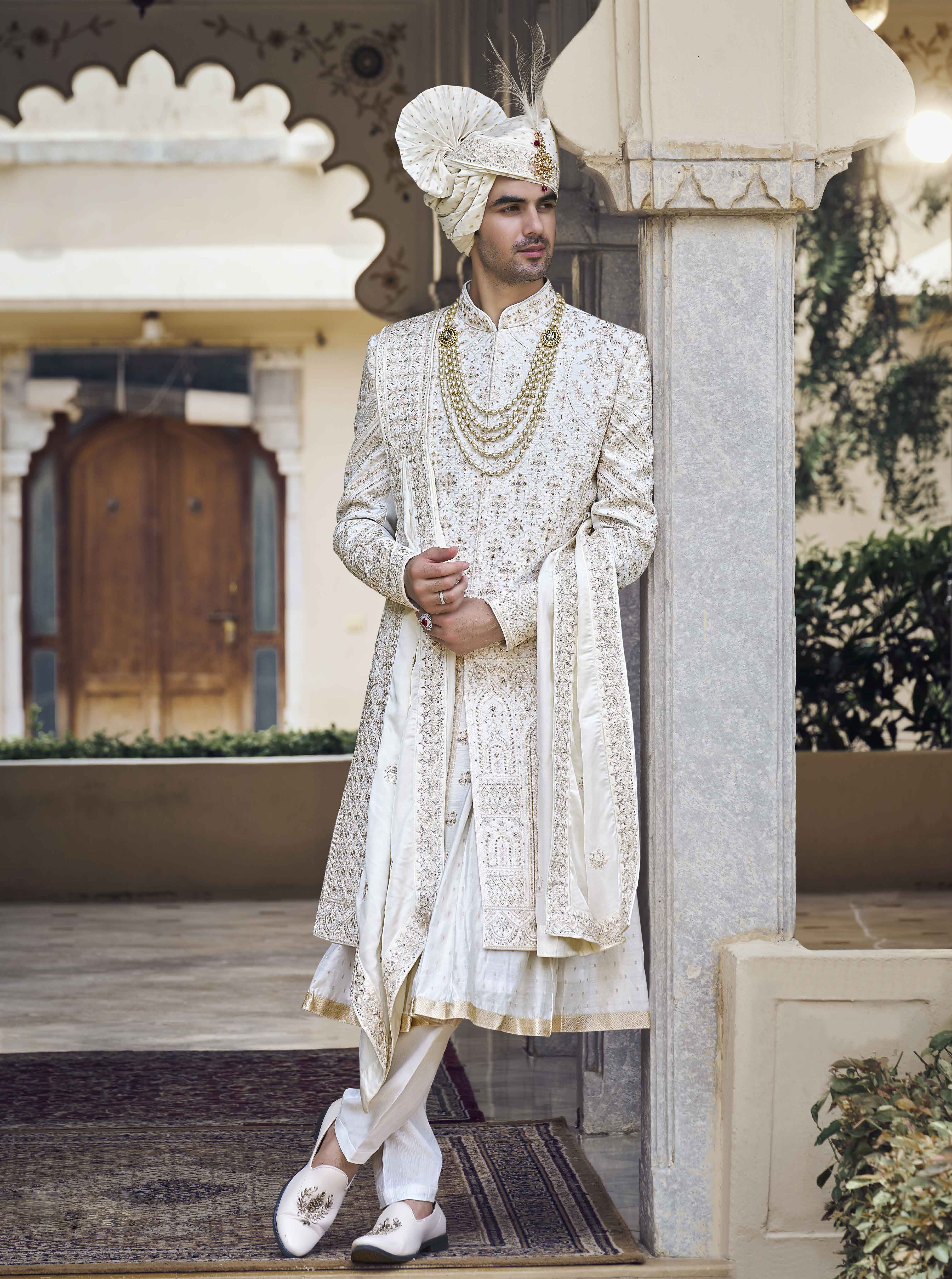 Off-White Raw Silk Sherwani with Zardosi and Aari Work