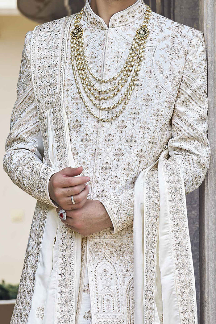 Off-White Raw Silk Sherwani with Zardosi and Aari Work