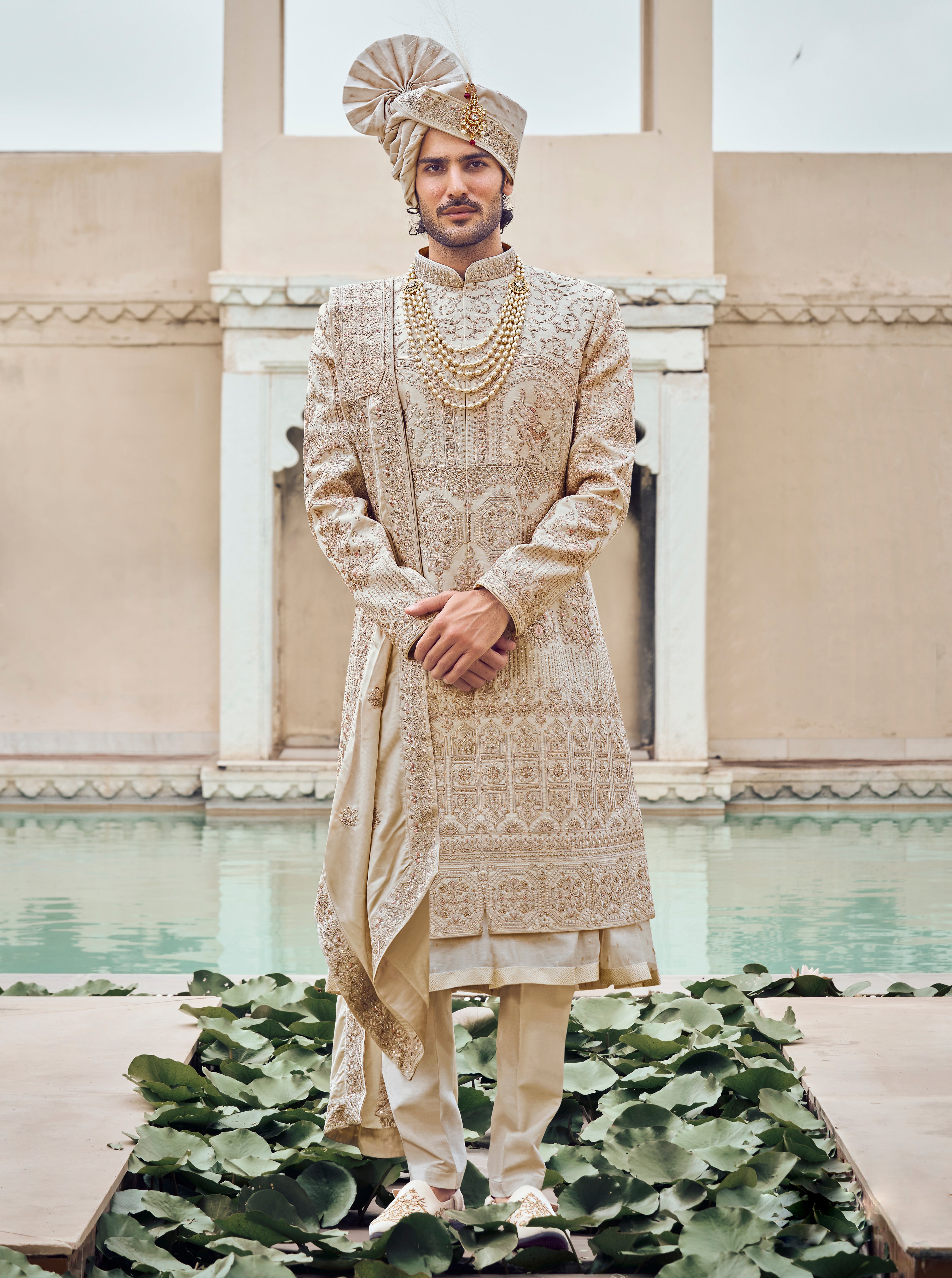 Beige Raw Silk Sherwani with Thread and Kasab Work