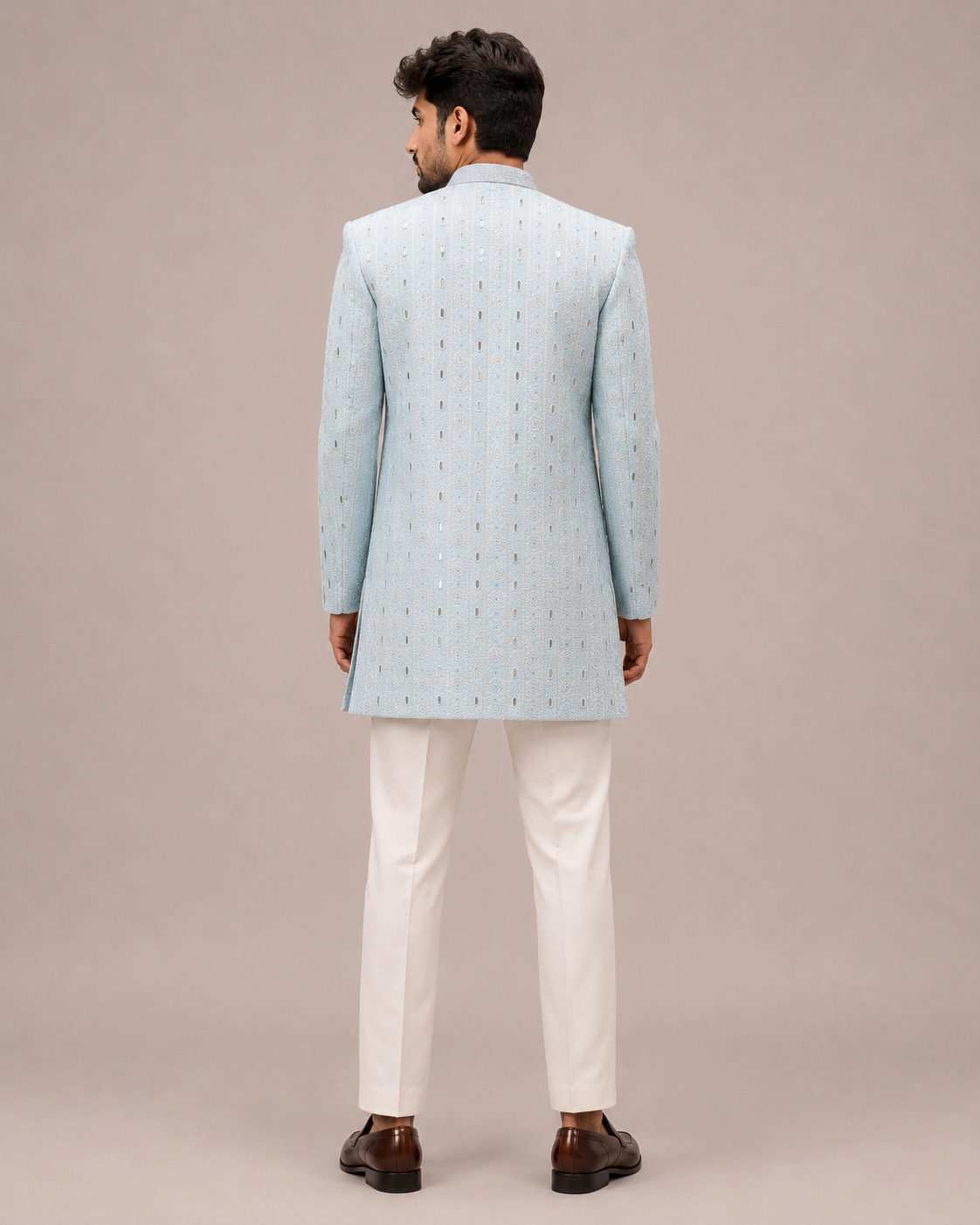 Sky Blue Silk Indo Western for Men with Mirror, Machine and Hand Work