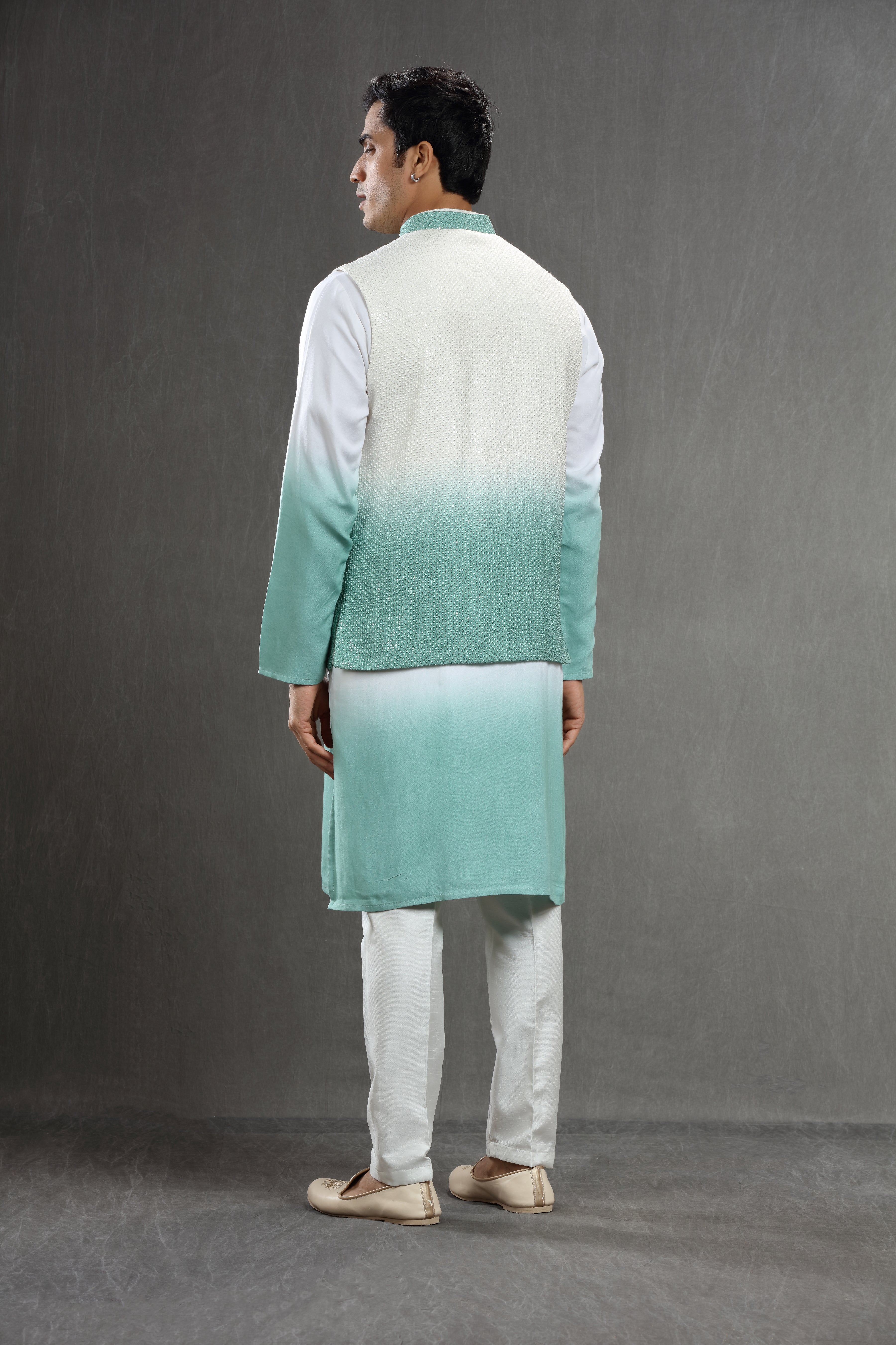 Ivory blue ombre sequins jacket set - Shreeman