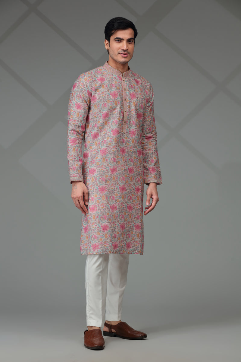 Ivory/Pink Kurta Set with Floral Print