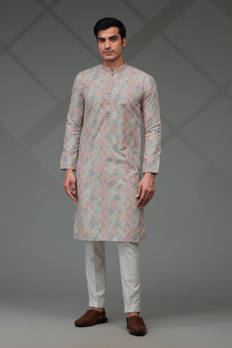 Multi Pastel Kurta Set with Geometric Embroidery