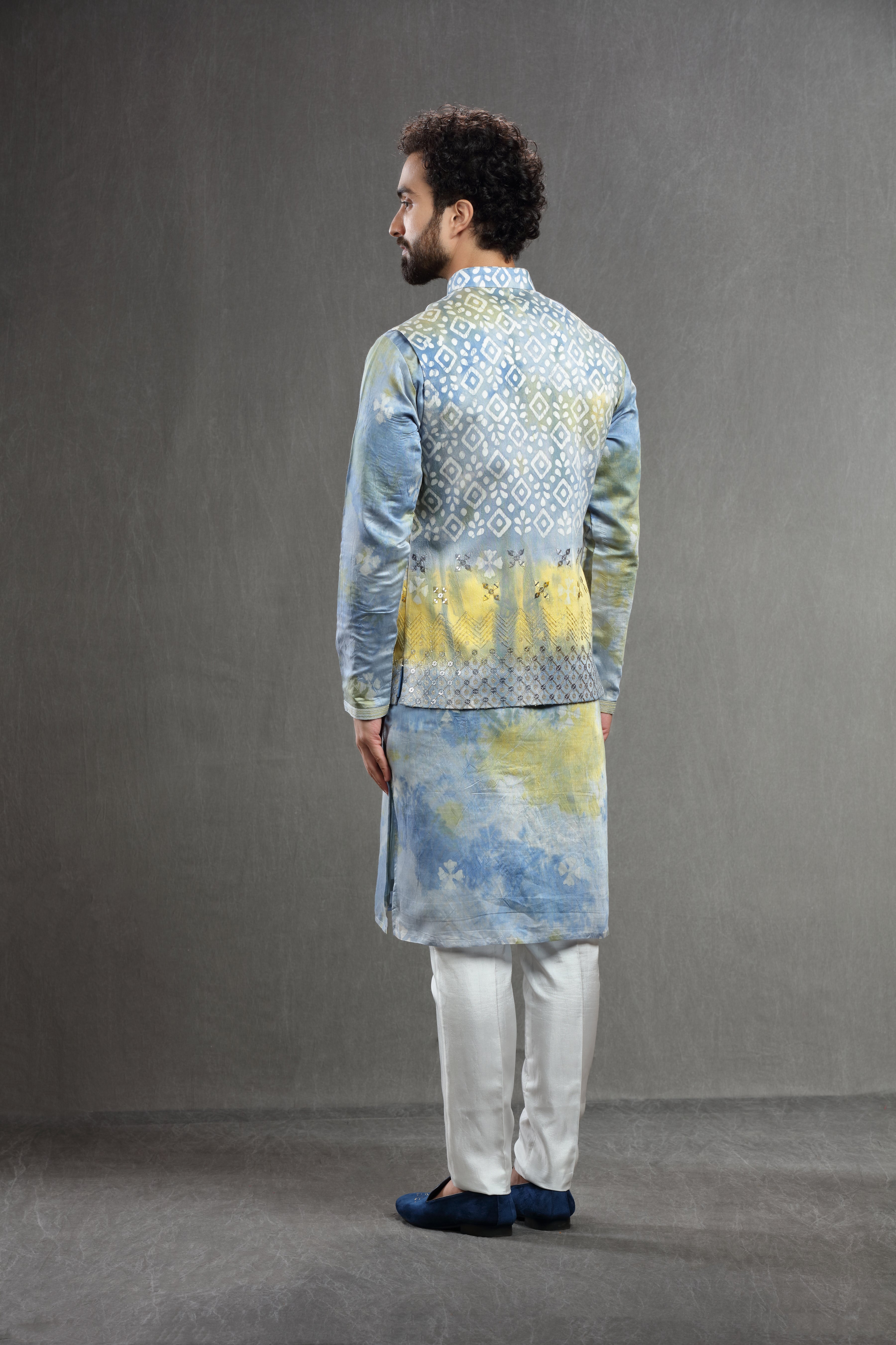 Yellow-Blue  silk Batik embroidered jacket set - Shreeman