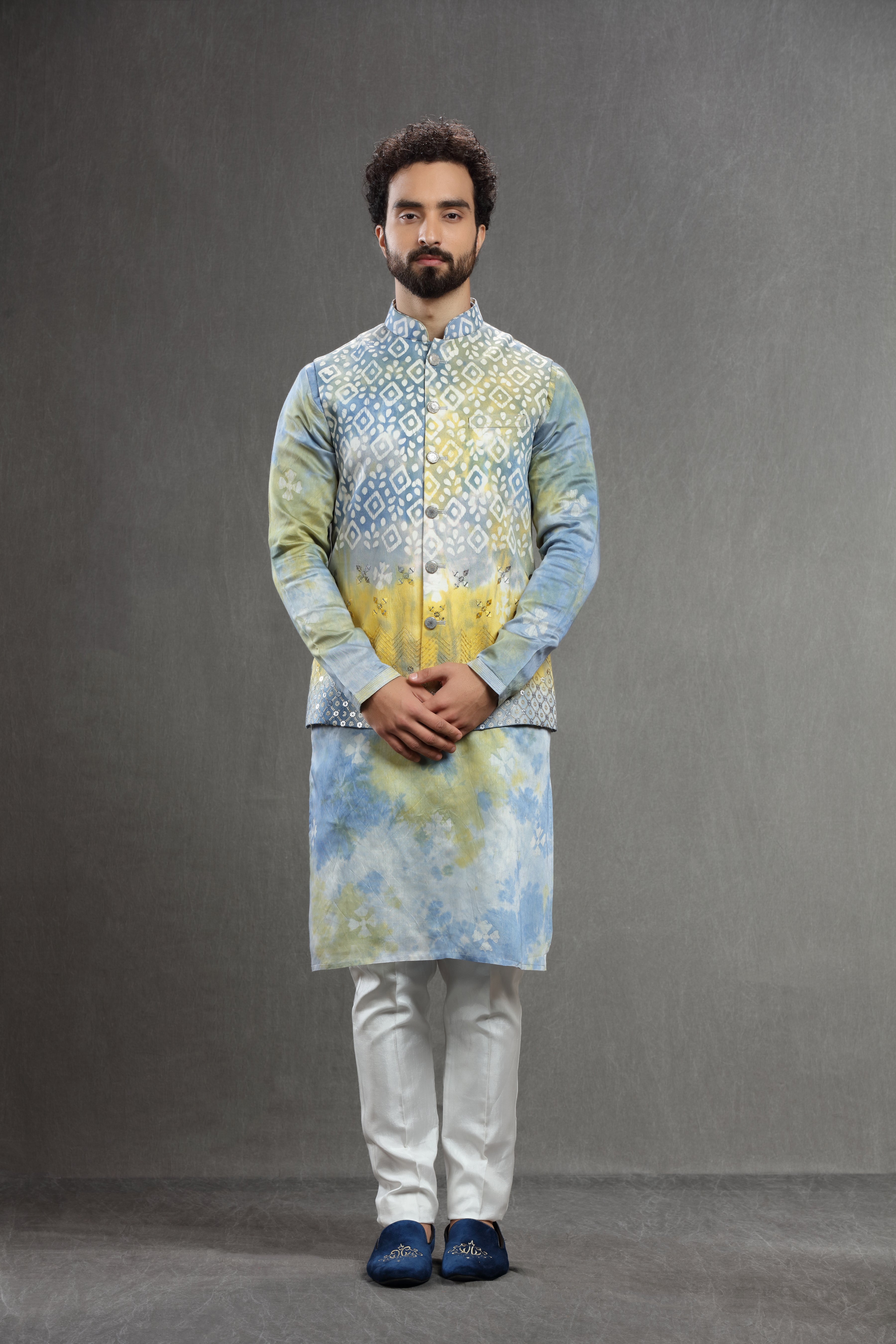 Off White and Blue Silk Printed Kurta Pajama with Jacket - MNEG1678...