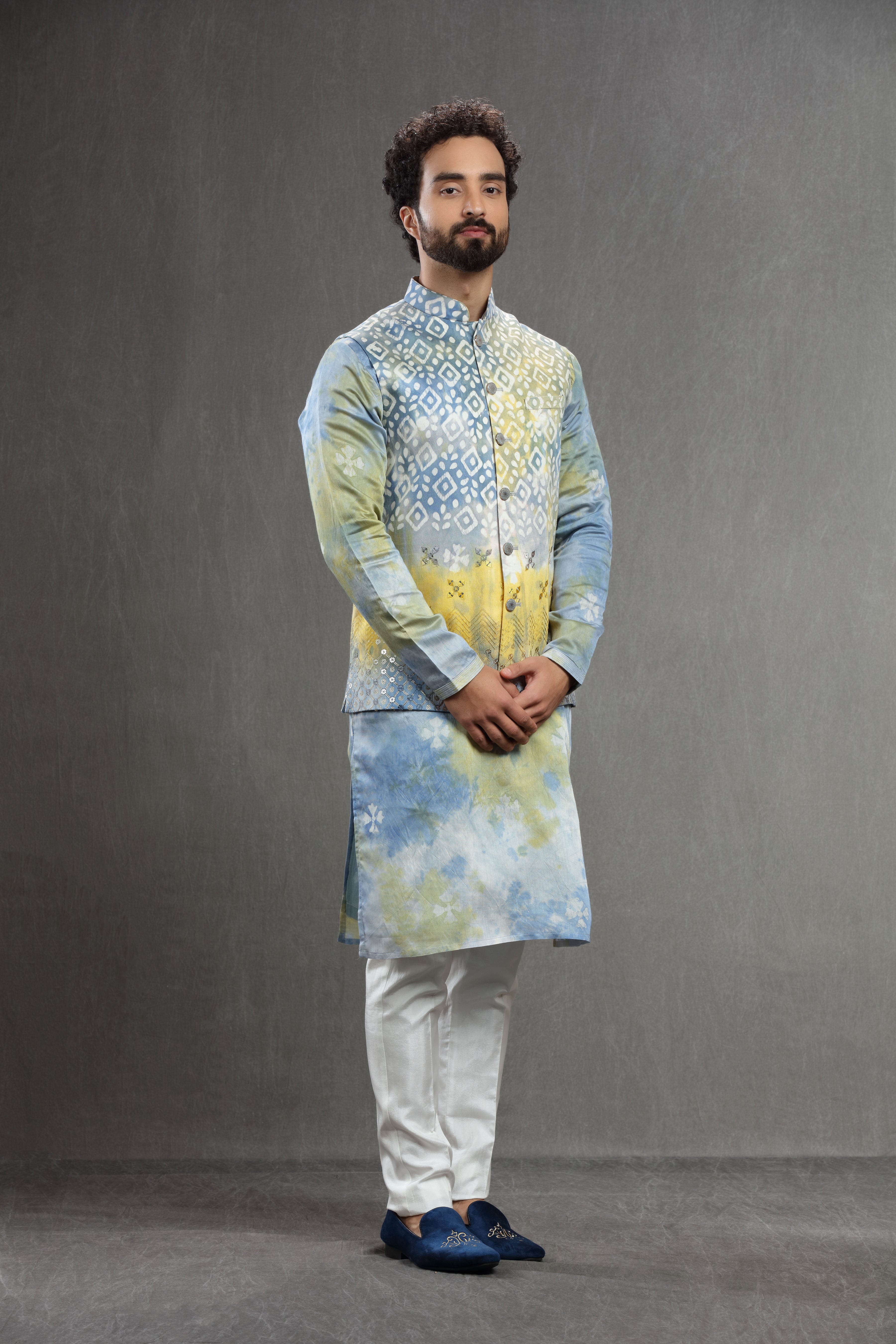 Yellow-Blue  silk Batik embroidered jacket set - Shreeman