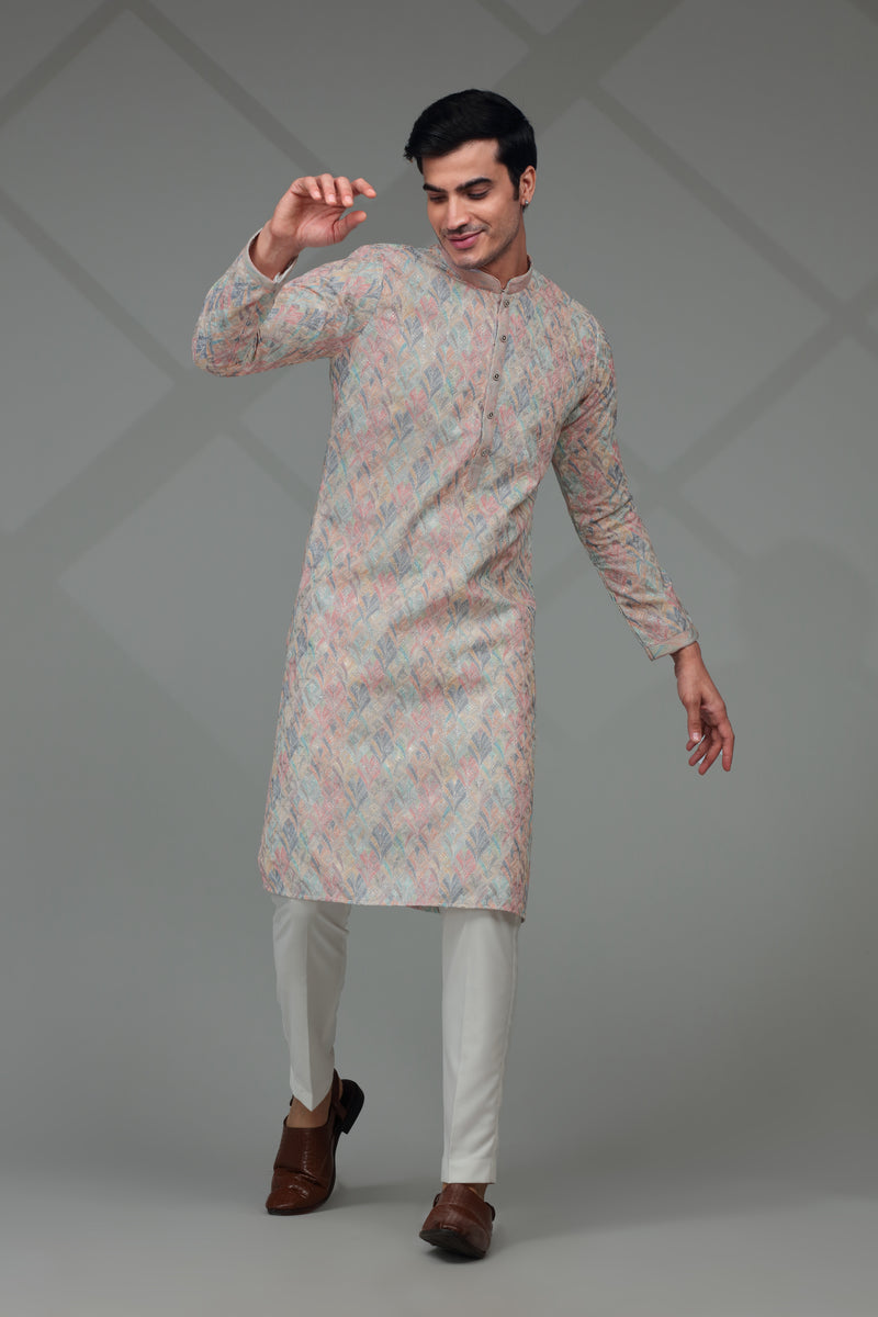 Multi Pastel Kurta Set with Geometric Embroidery