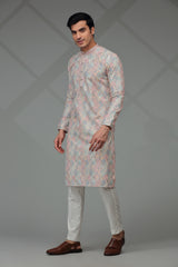 Multi Pastel Kurta Set with Geometric Embroidery