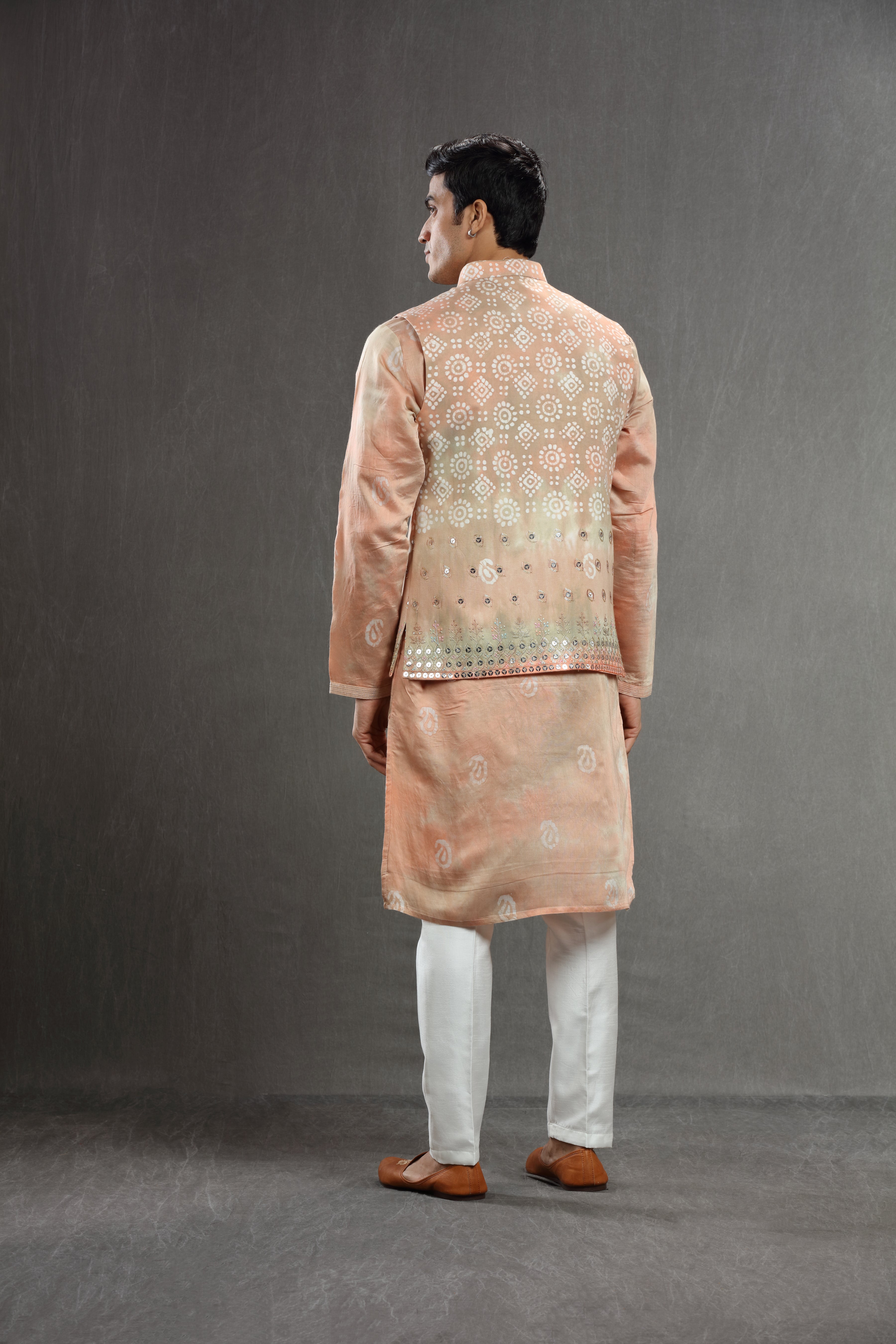 peach  silk Batik embroidered jacket set - Shreeman
