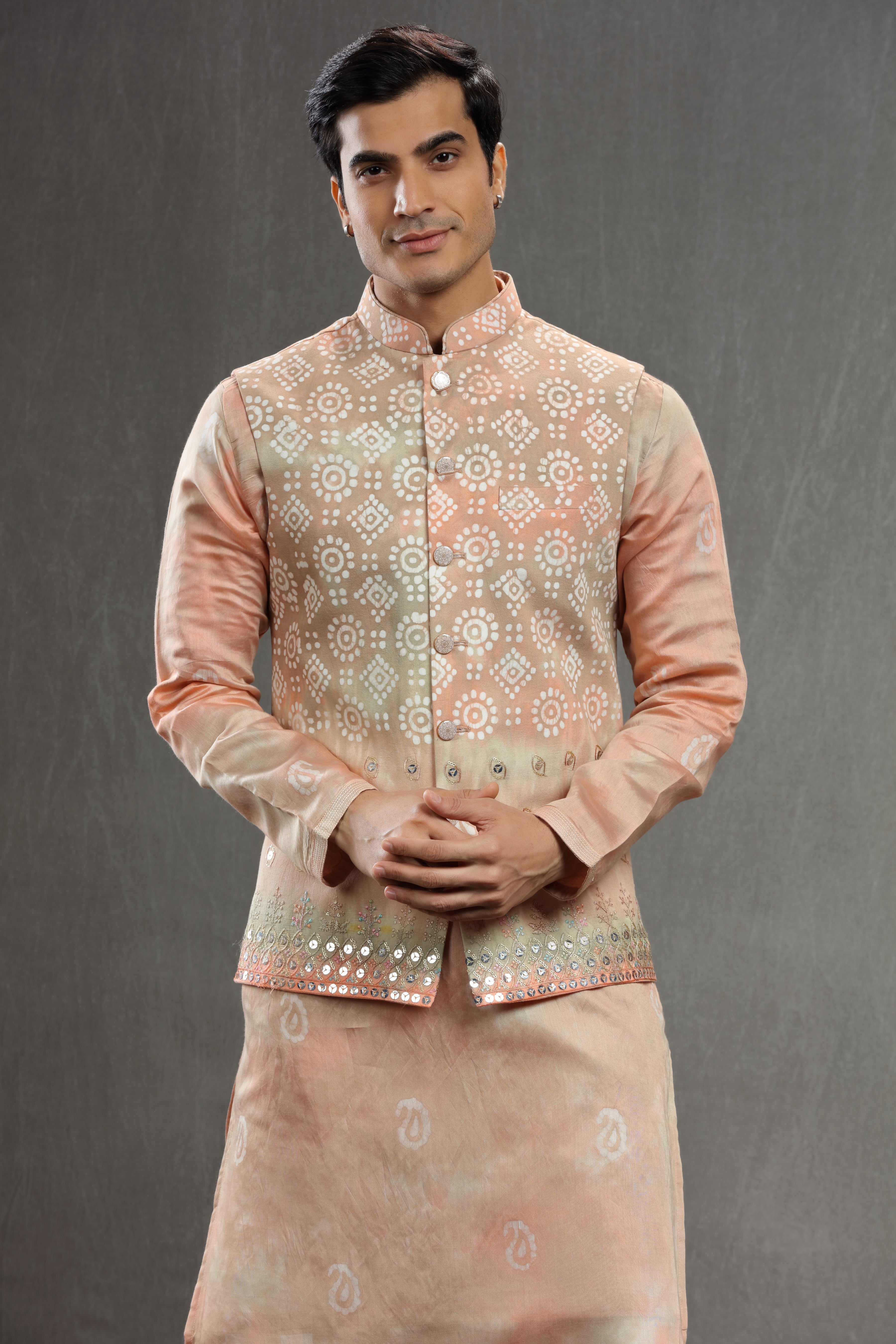 peach  silk Batik embroidered jacket set - Shreeman