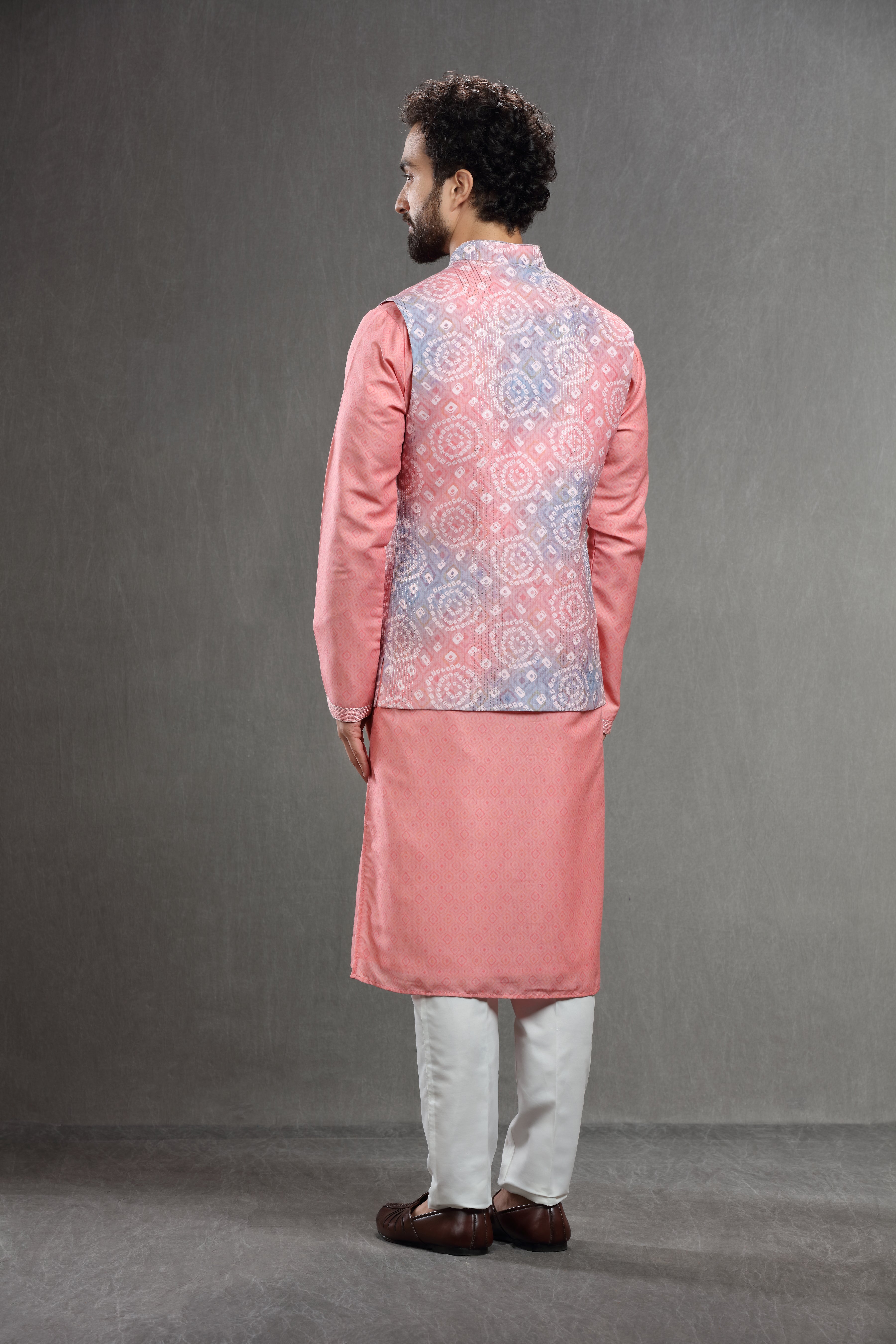 Peach-blue silk embroidered jacket set with dupatta - Shreeman