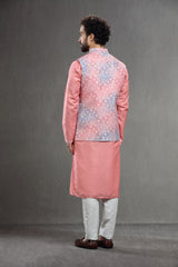 Peach-blue silk embroidered jacket set with dupatta