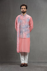 Peach-blue silk embroidered jacket set with dupatta