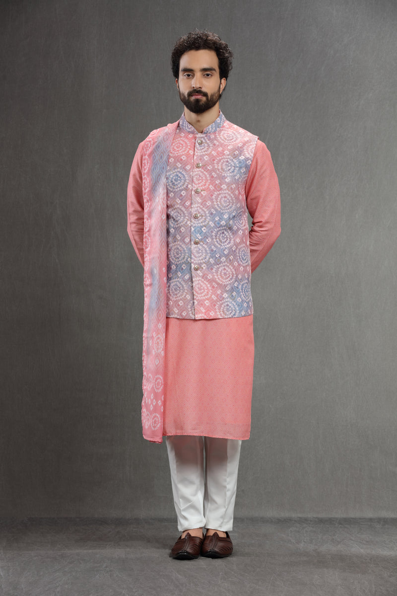 Peach-blue silk embroidered jacket set with dupatta