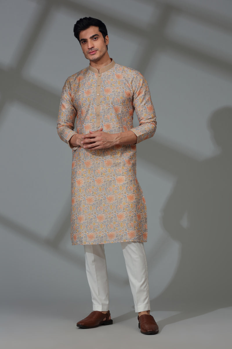 Ivory/Peach Kurta Set with Floral Motifs