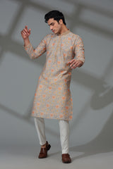 Ivory/Peach Kurta Set with Floral Motifs