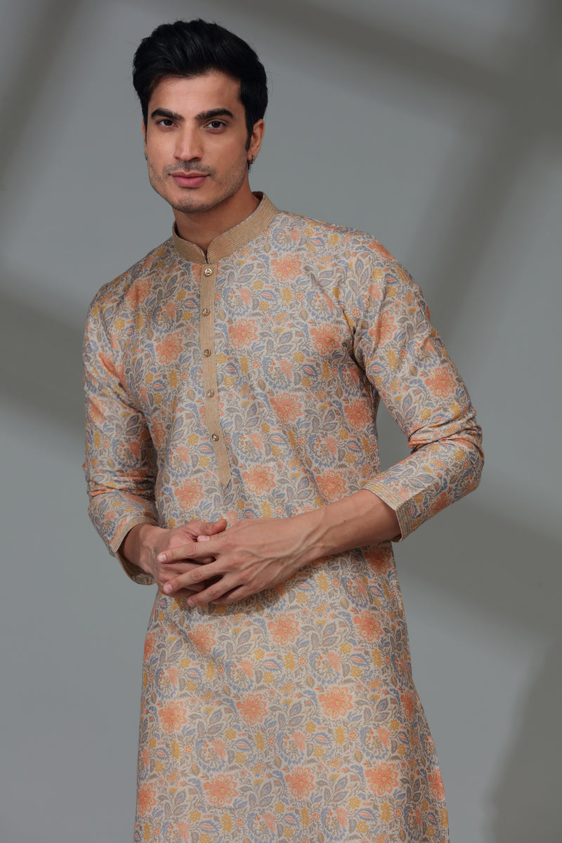 Ivory/Peach Kurta Set with Floral Motifs