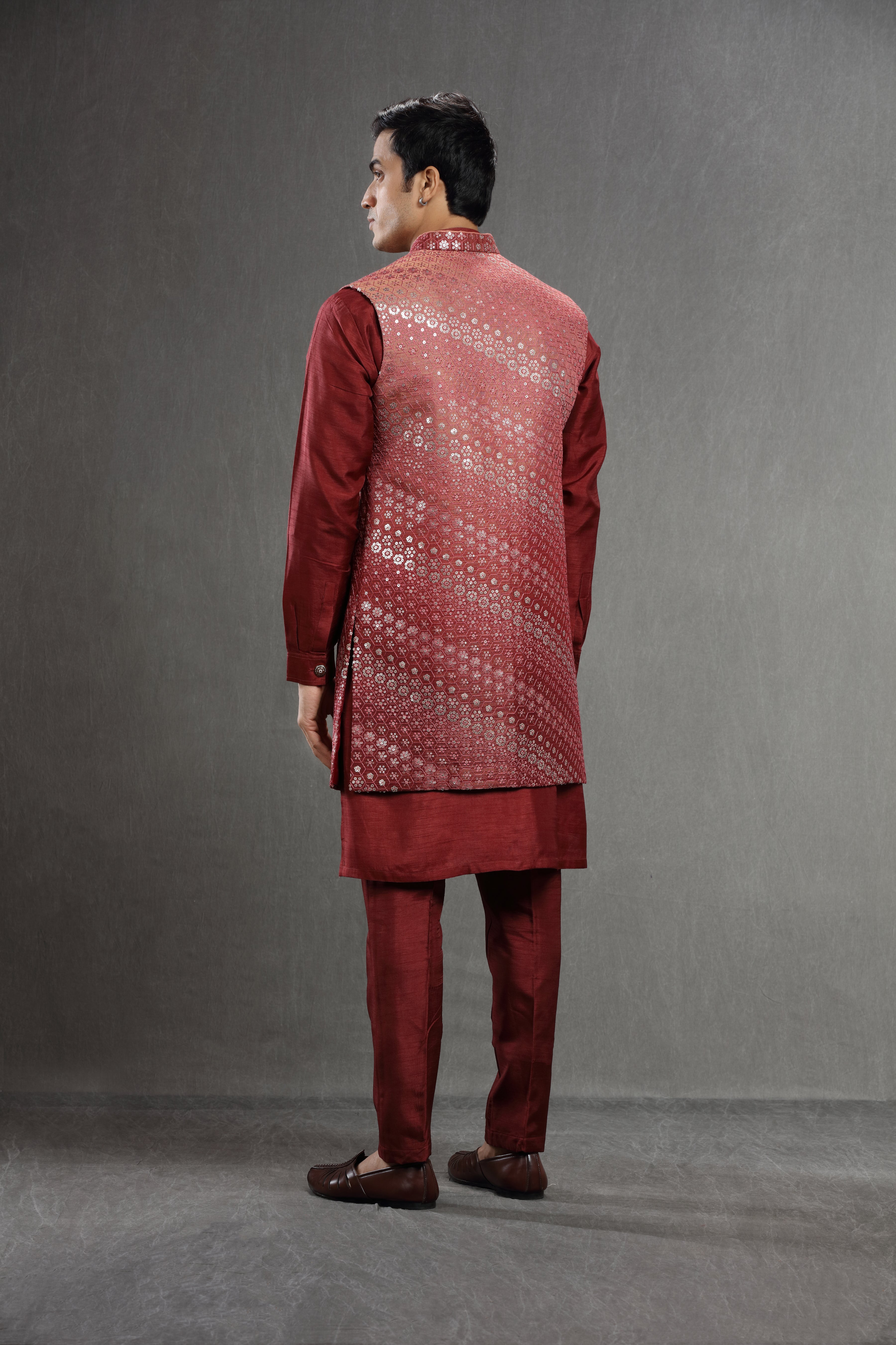 Red embroidered silk long jacket set - Shreeman
