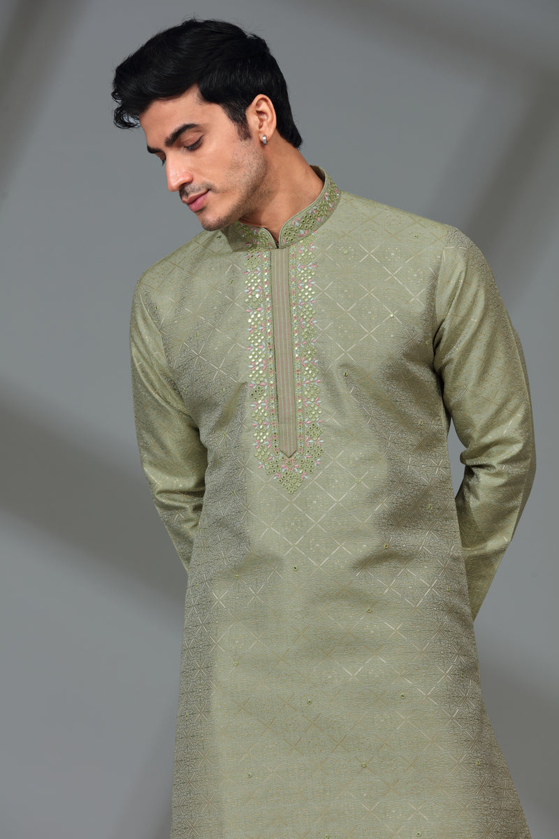 Pastel Green Kurta Set with Resham and Mirror Embroidery