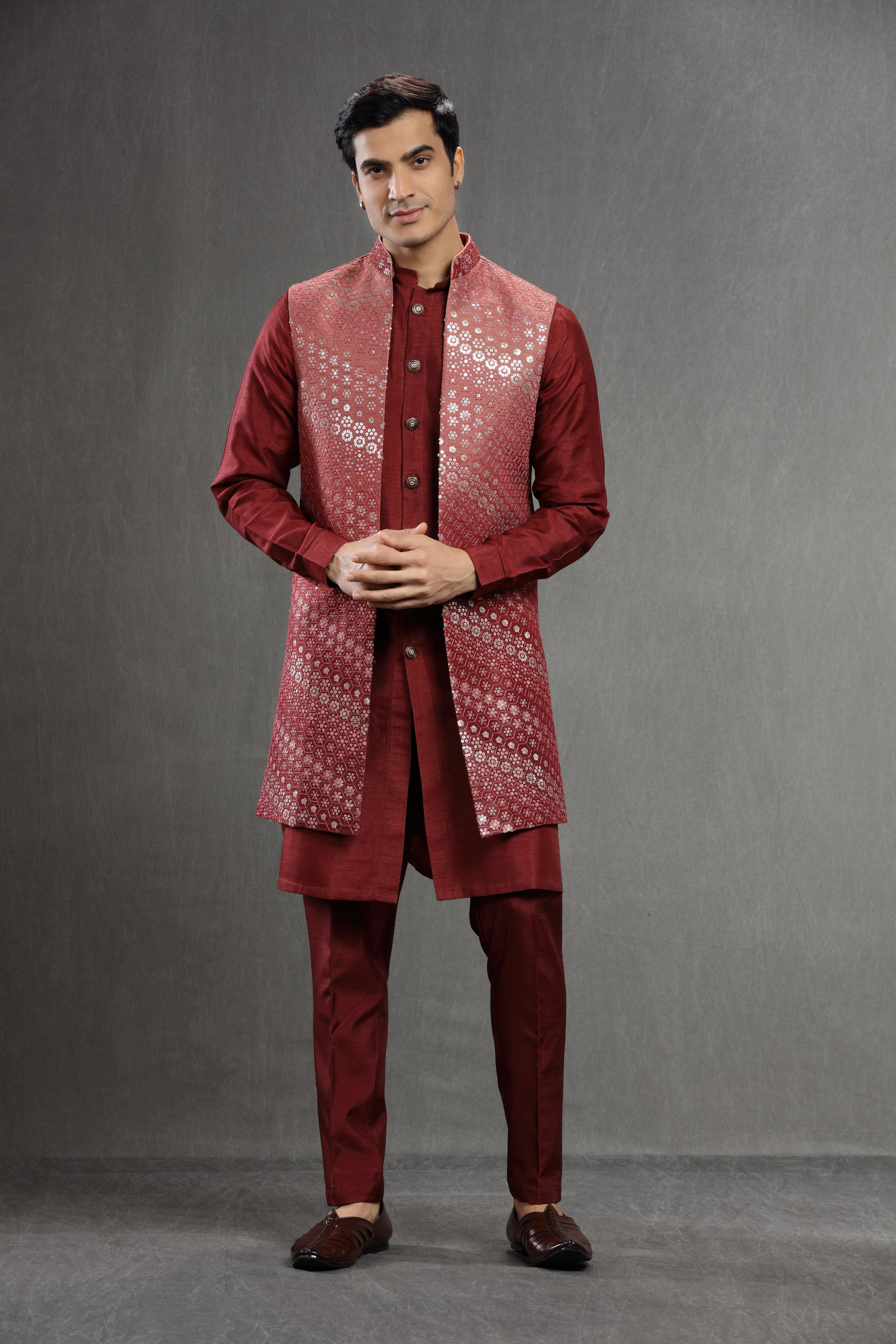 Red embroidered silk long jacket set - Shreeman
