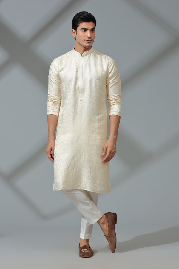 Ivory Kurta Set with Self Embroidery