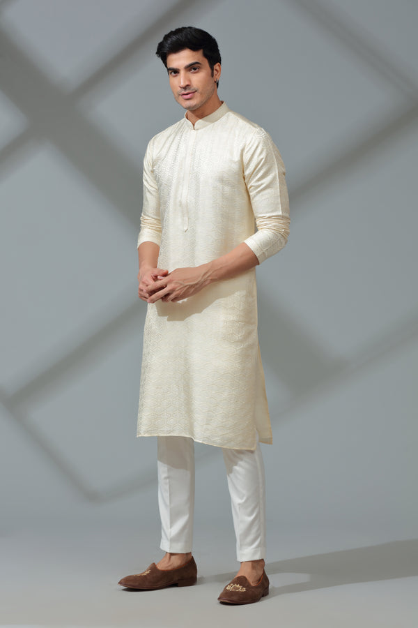 Ivory Kurta Set with Self Embroidery