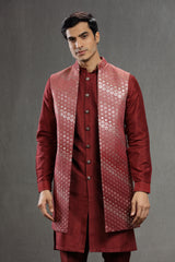 Red embroidered silk long jacket set
