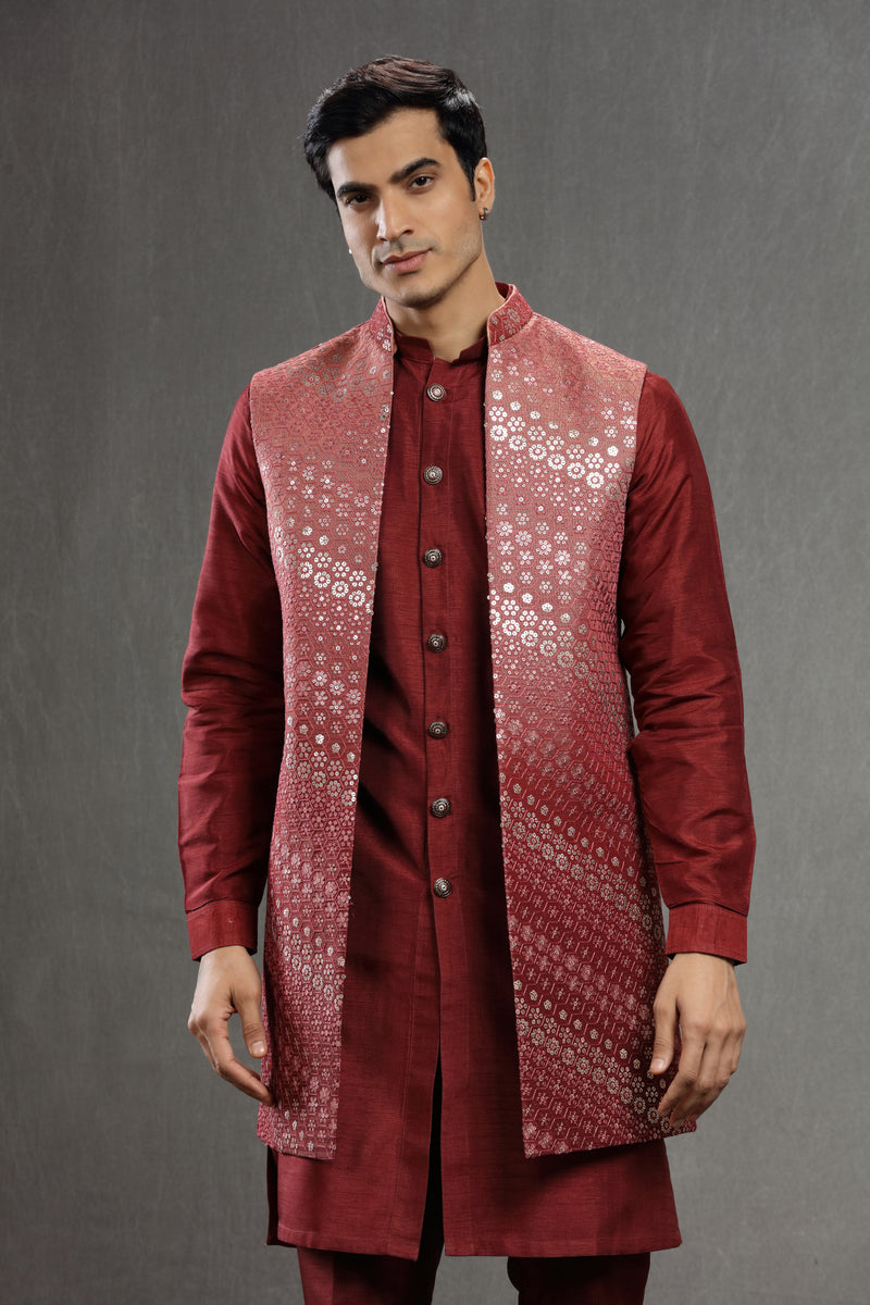 Red embroidered silk long jacket set