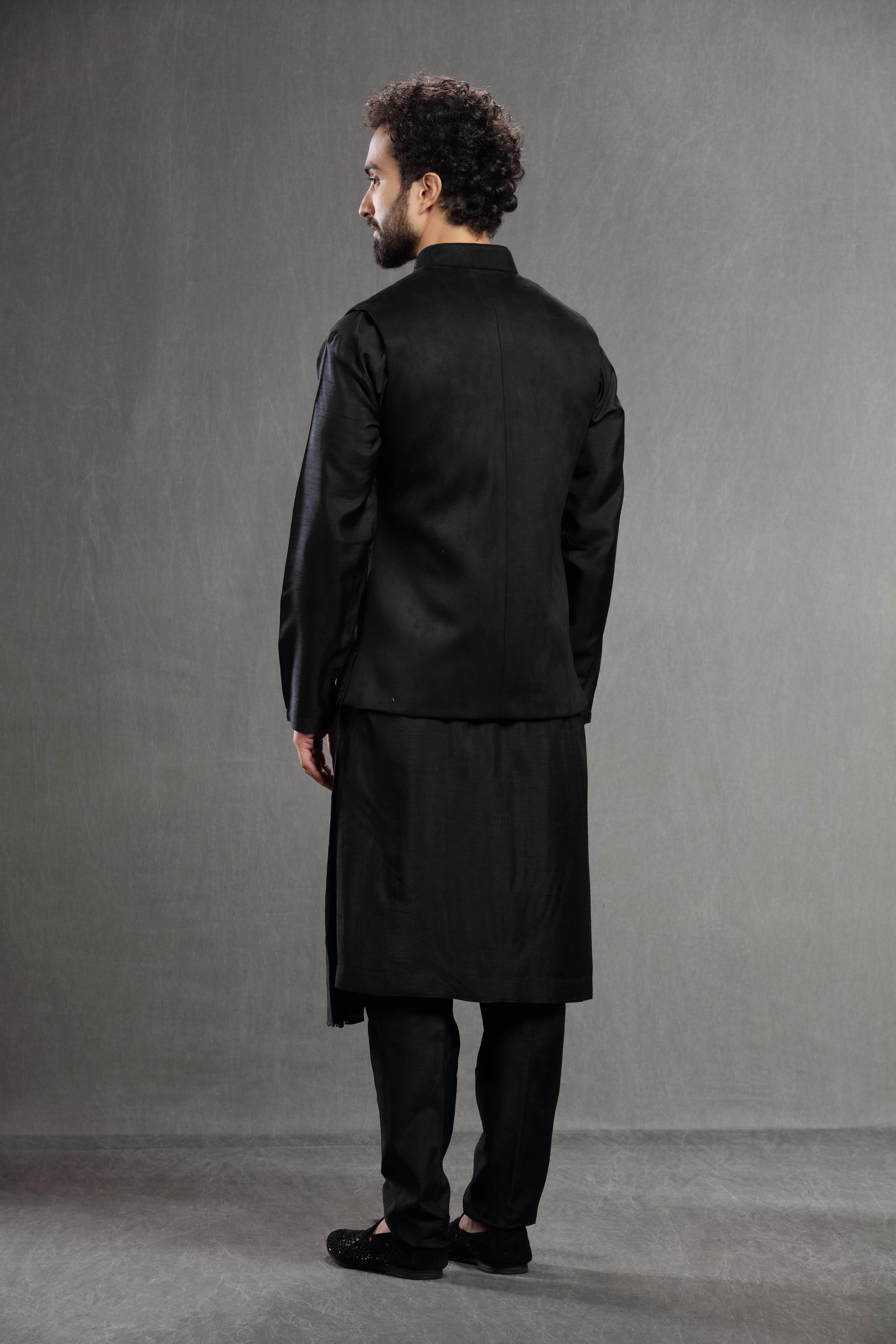 Black hand embroidered suede jacket set - Shreeman