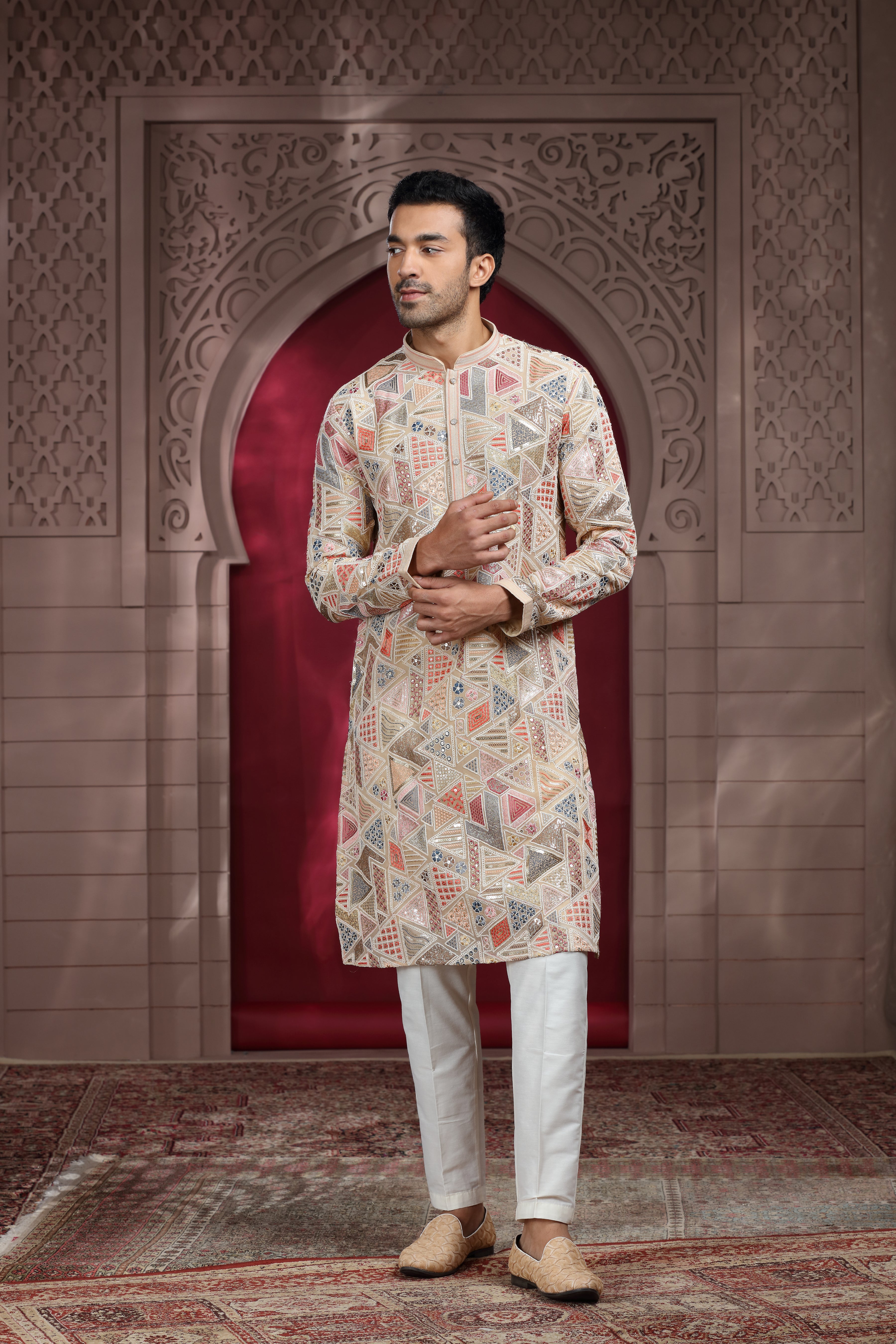 Beige Silk Kurta Set with Aari & Resham Thread Embroidery