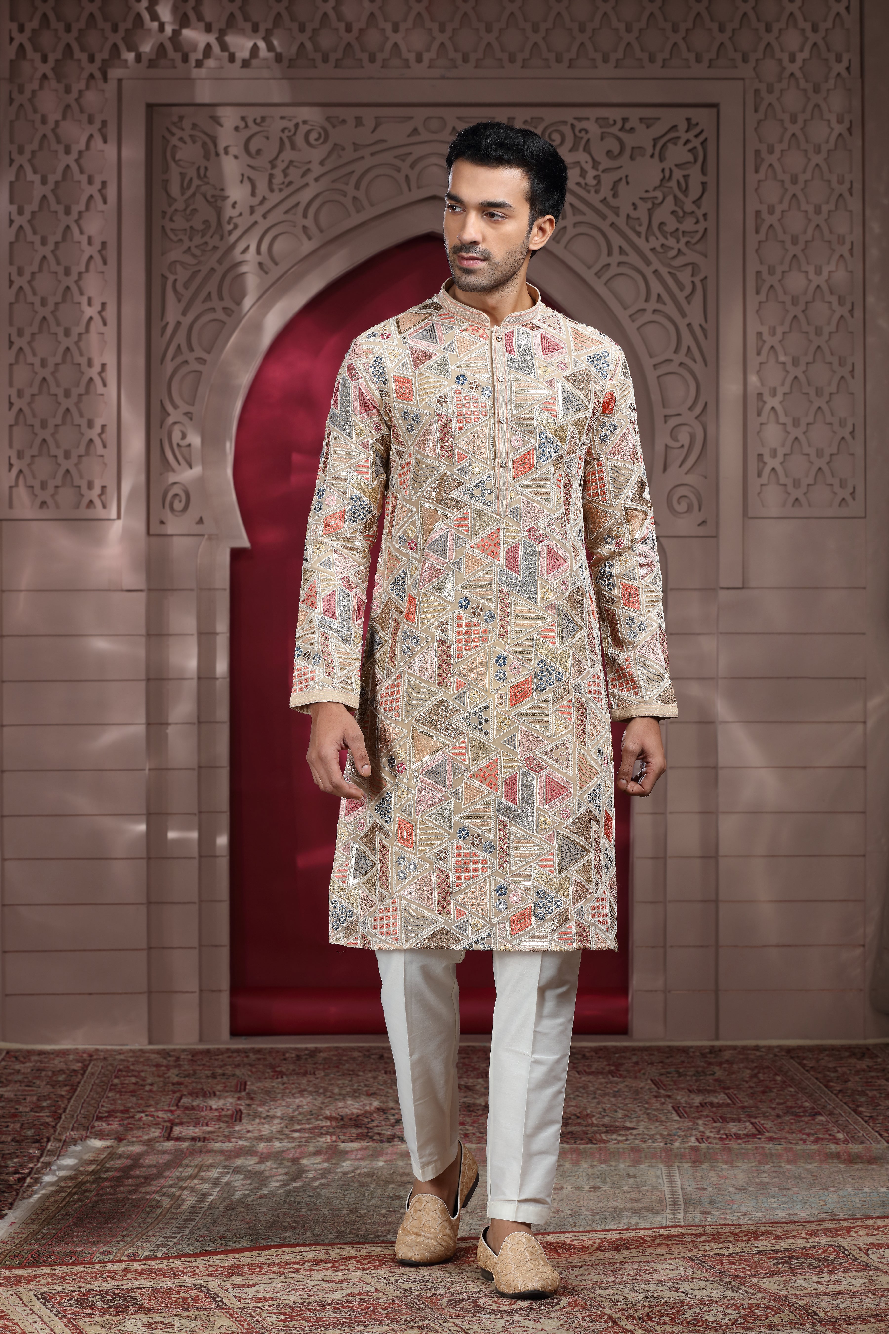 Beige Silk Kurta Set with Aari & Resham Thread Embroidery