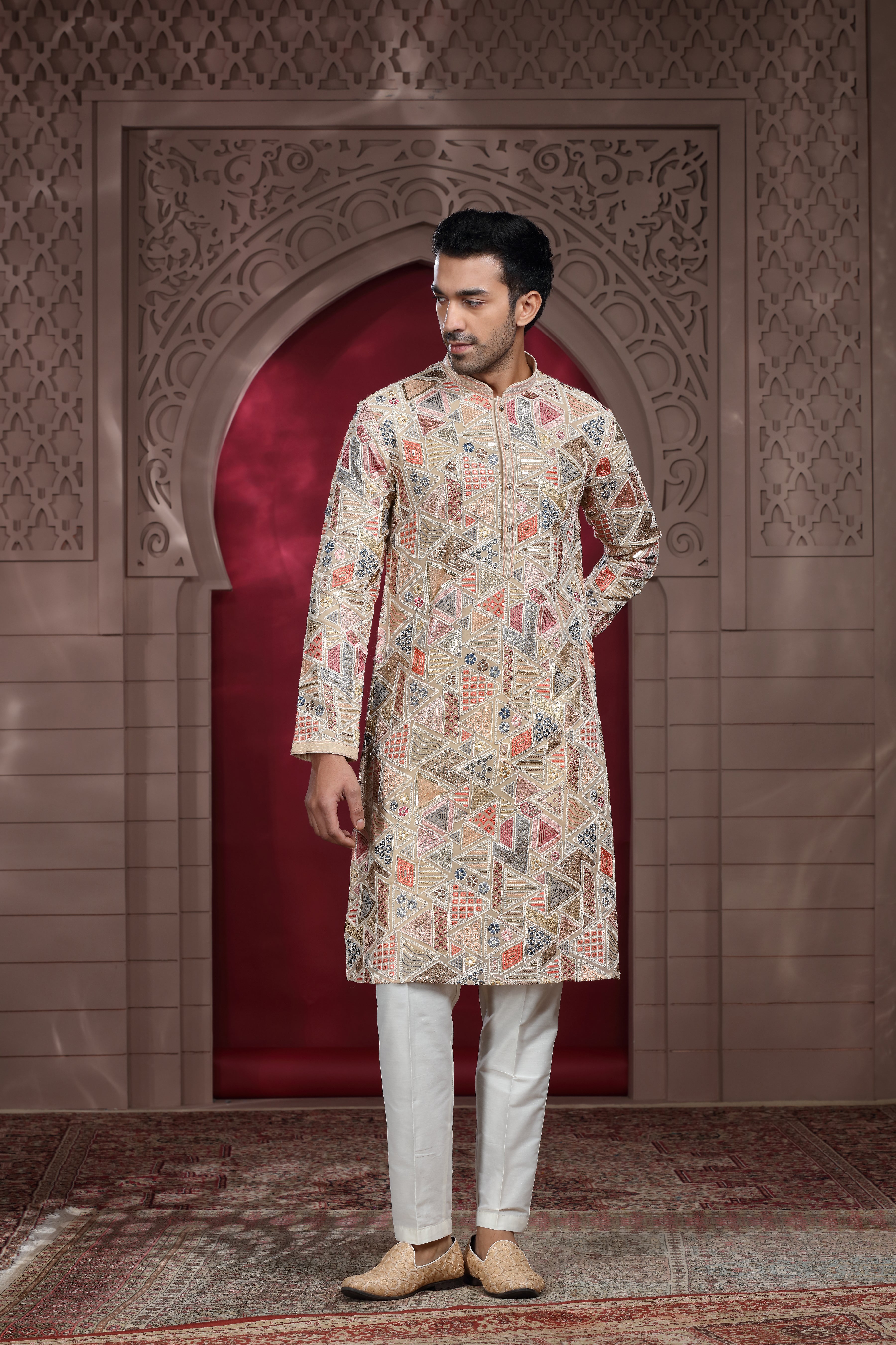 Beige Silk Kurta Set with Aari & Resham Thread Embroidery