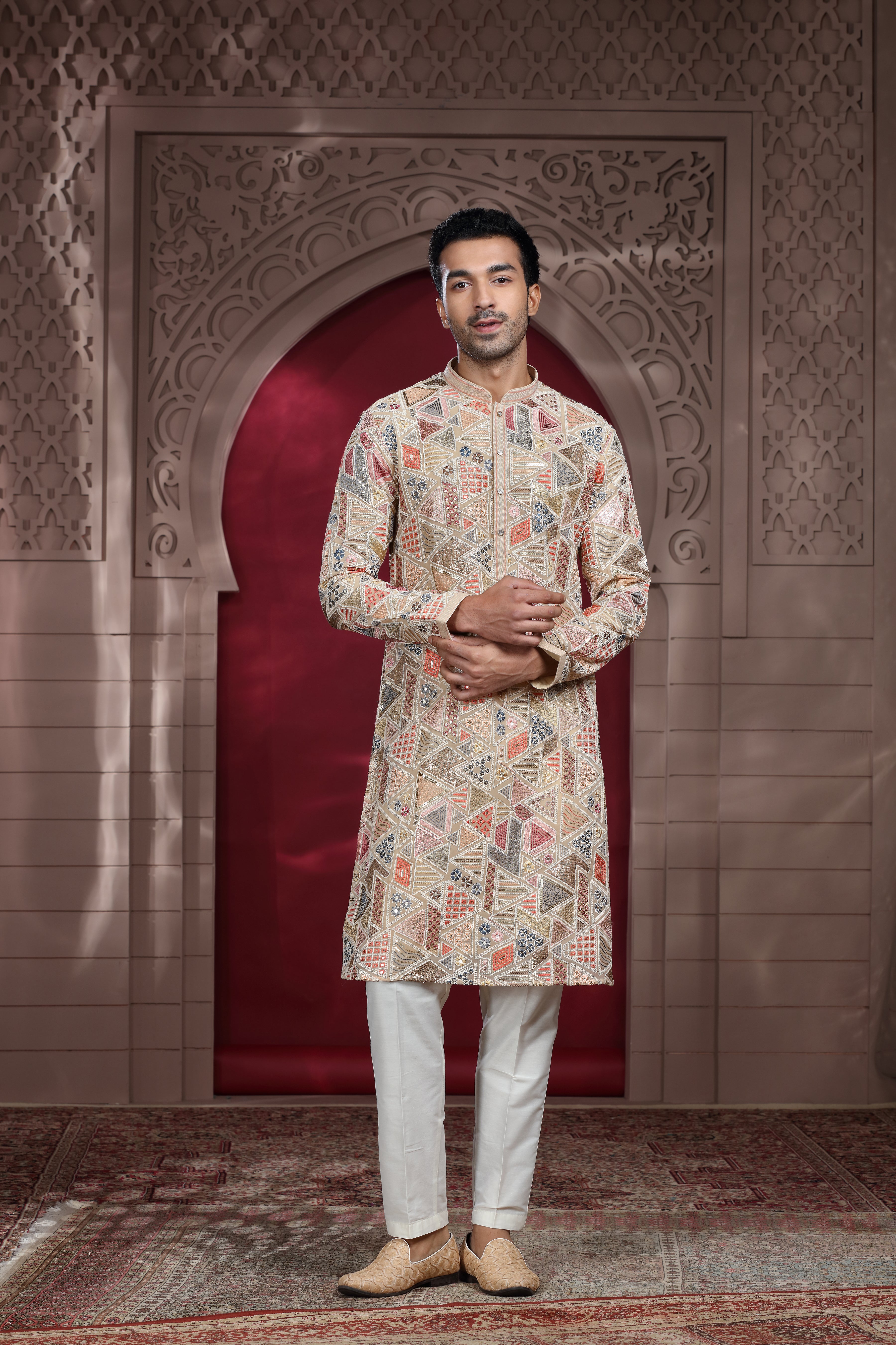 Beige Silk Kurta Set with Aari & Resham Thread Embroidery