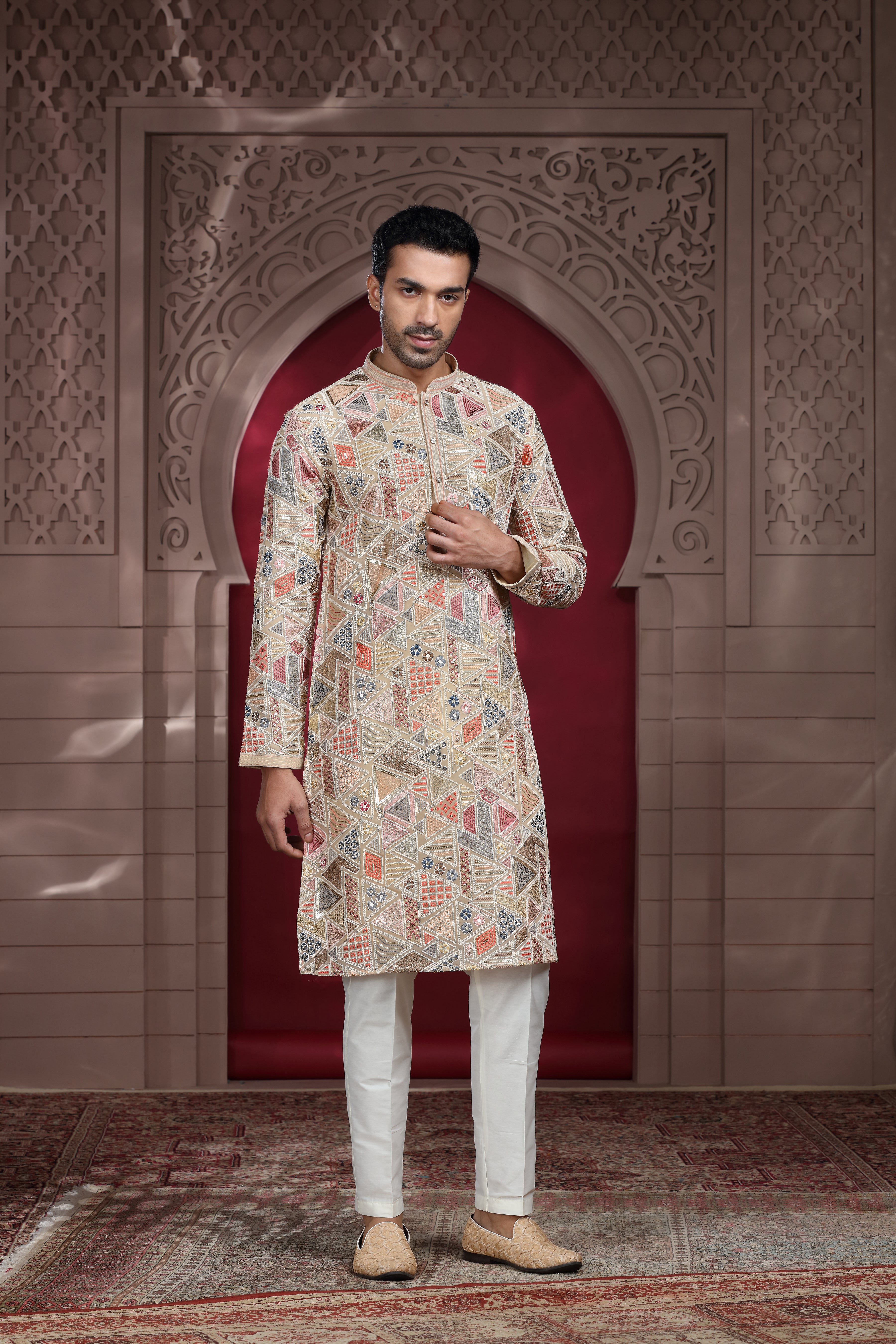 Beige Silk Kurta Set with Aari & Resham Thread Embroidery