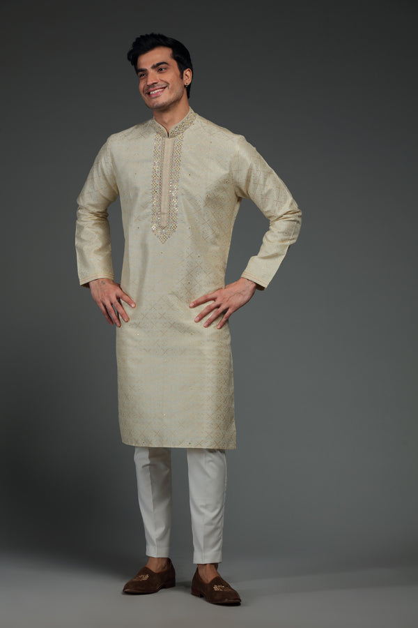 Pastel Yellow Kurta Set with Resham and Mirror Embroidery