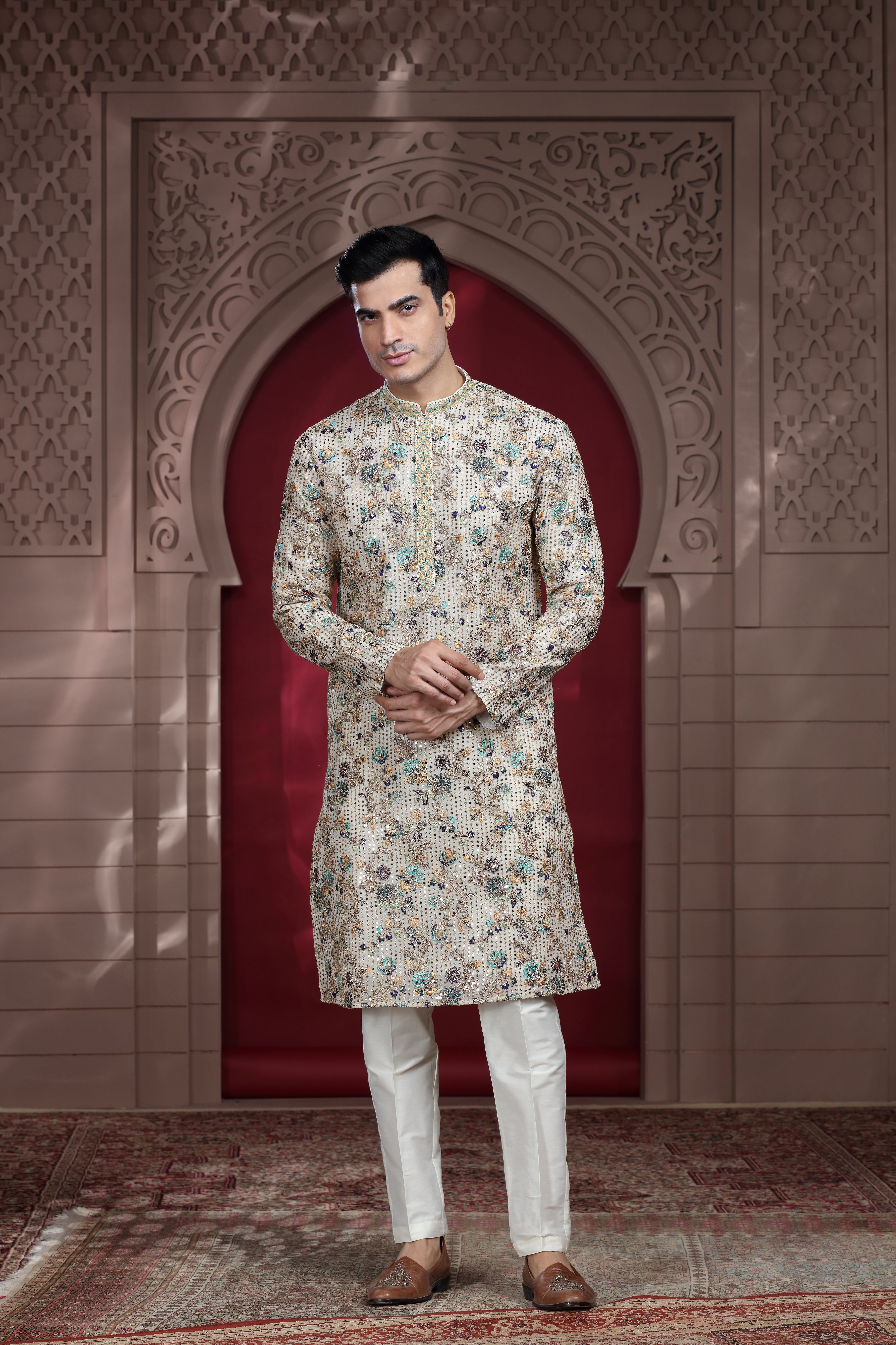 Off White Silk Kurta with Aari & Sequence Work