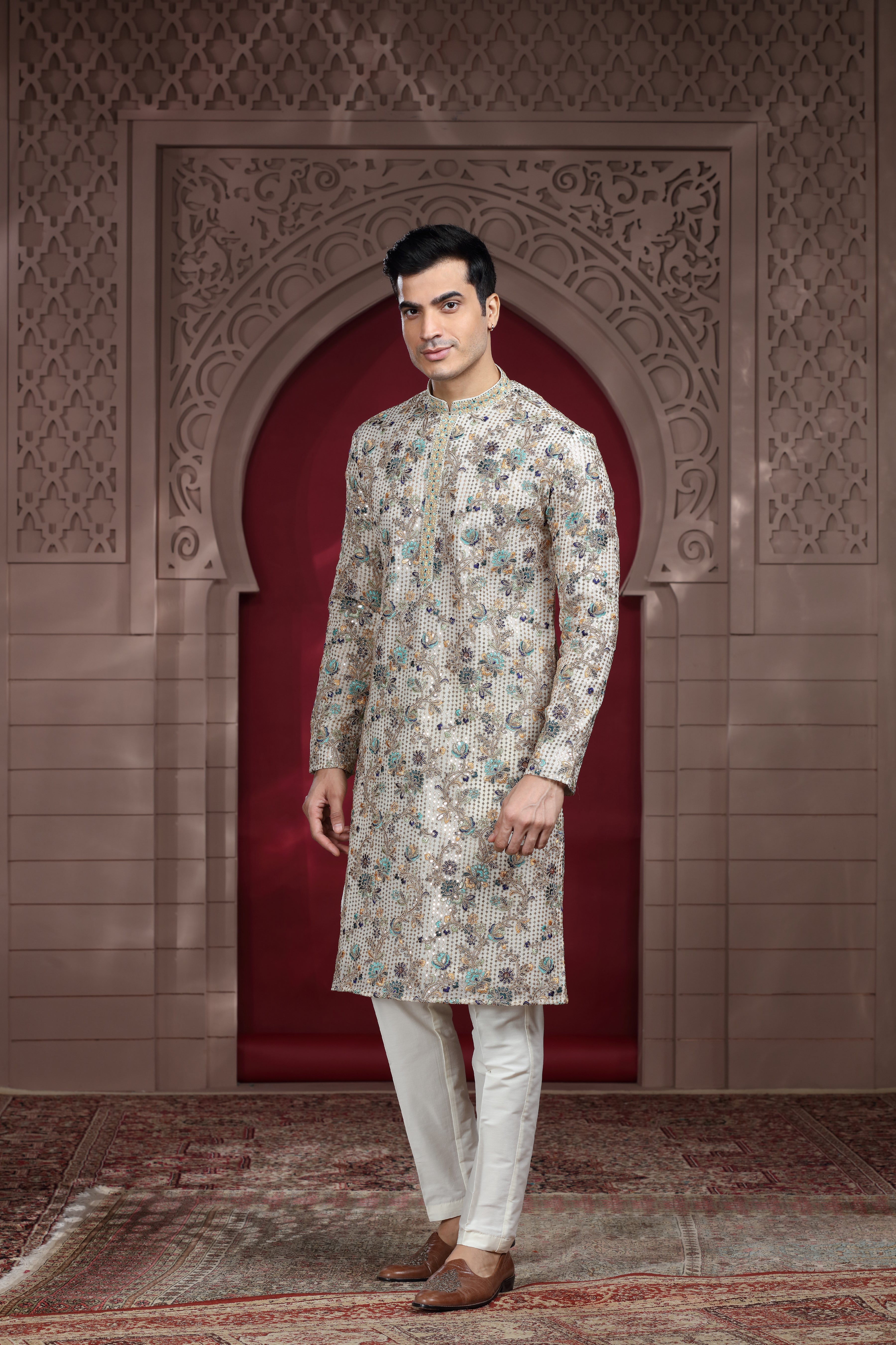 Off White Silk Kurta with Aari & Sequence Work