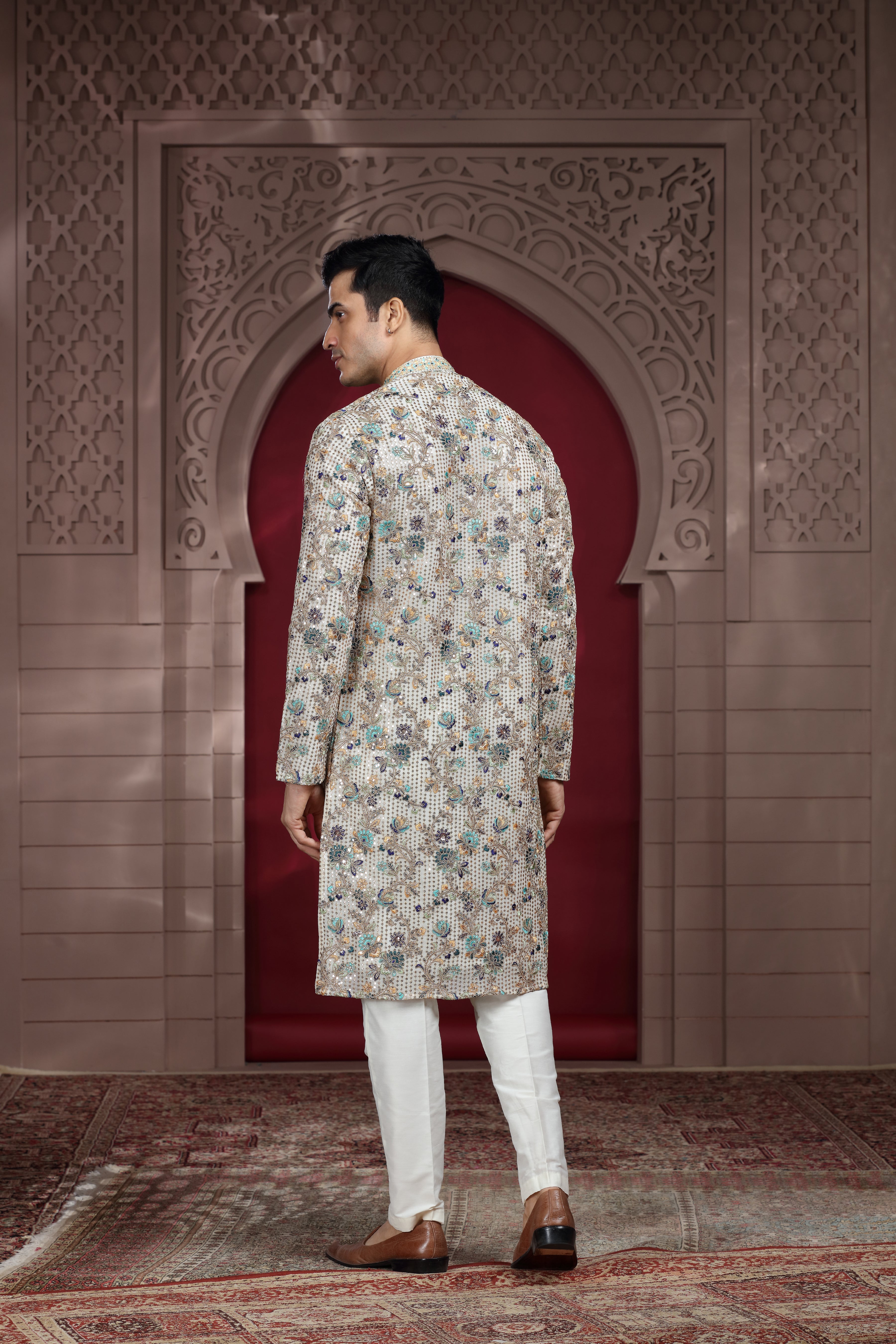 Off White Silk Kurta with Aari & Sequence Work