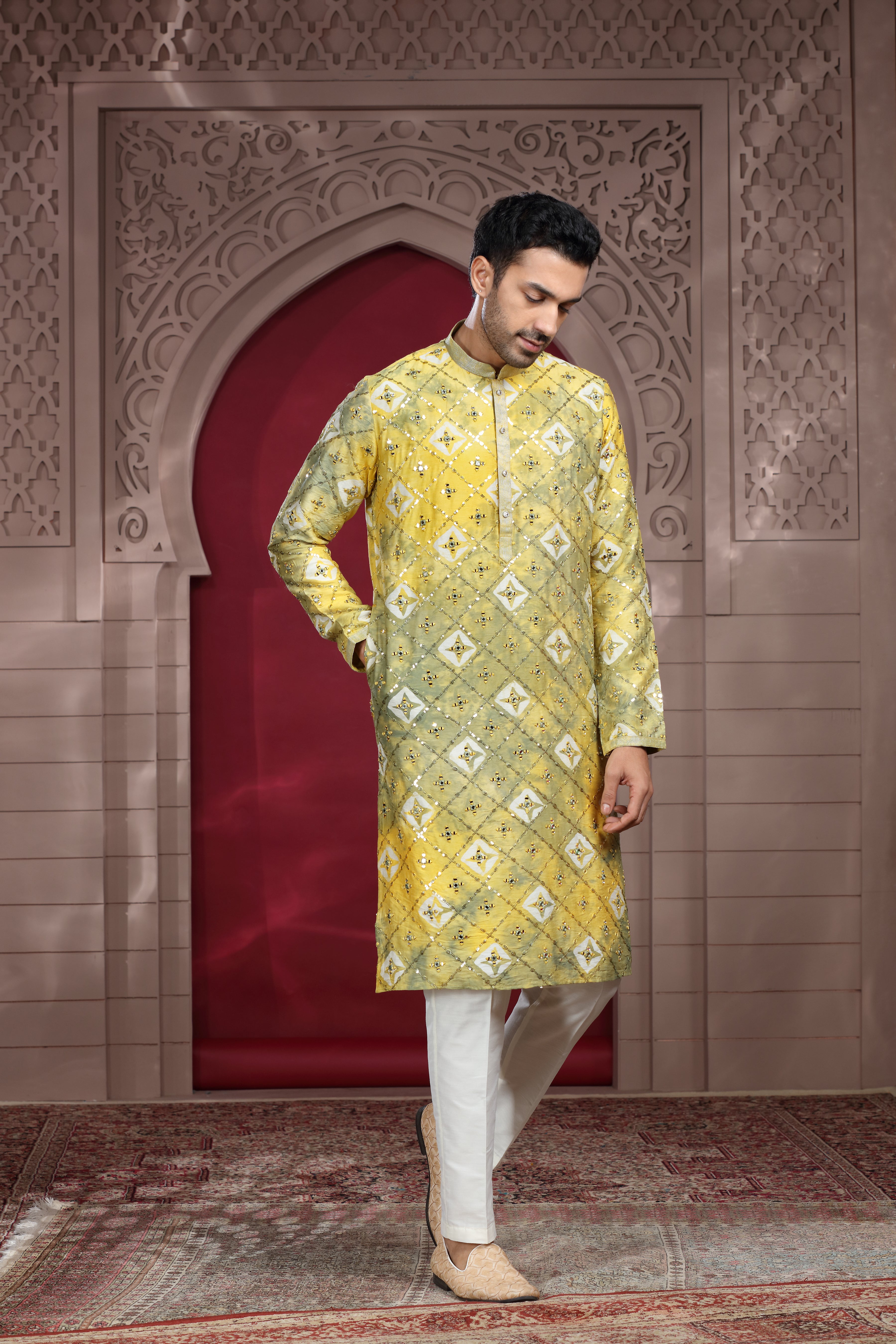 Yellow Silk Kurta Set with Resham Thread & Sequence Work