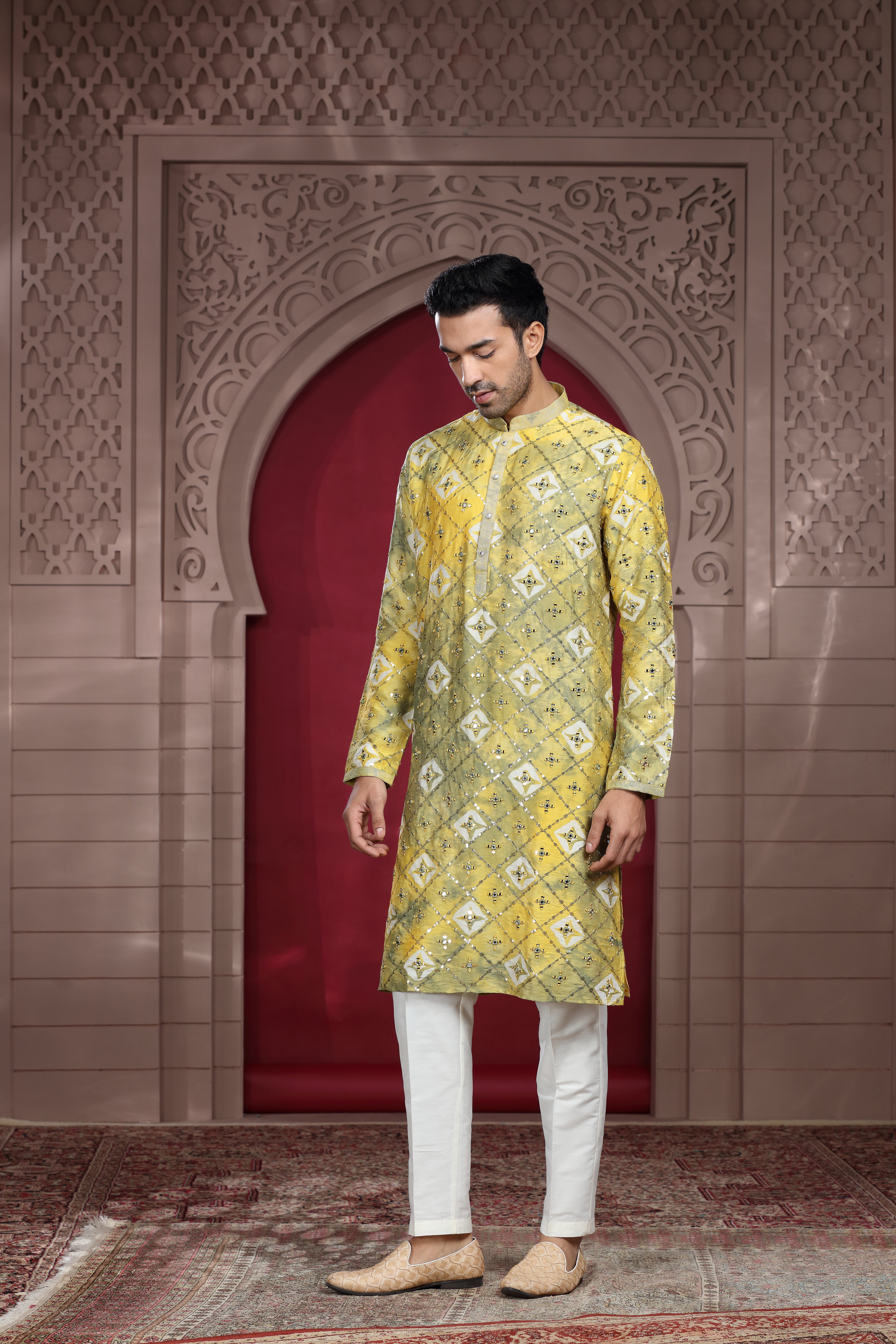 Yellow Silk Kurta Set with Resham Thread & Sequence Work