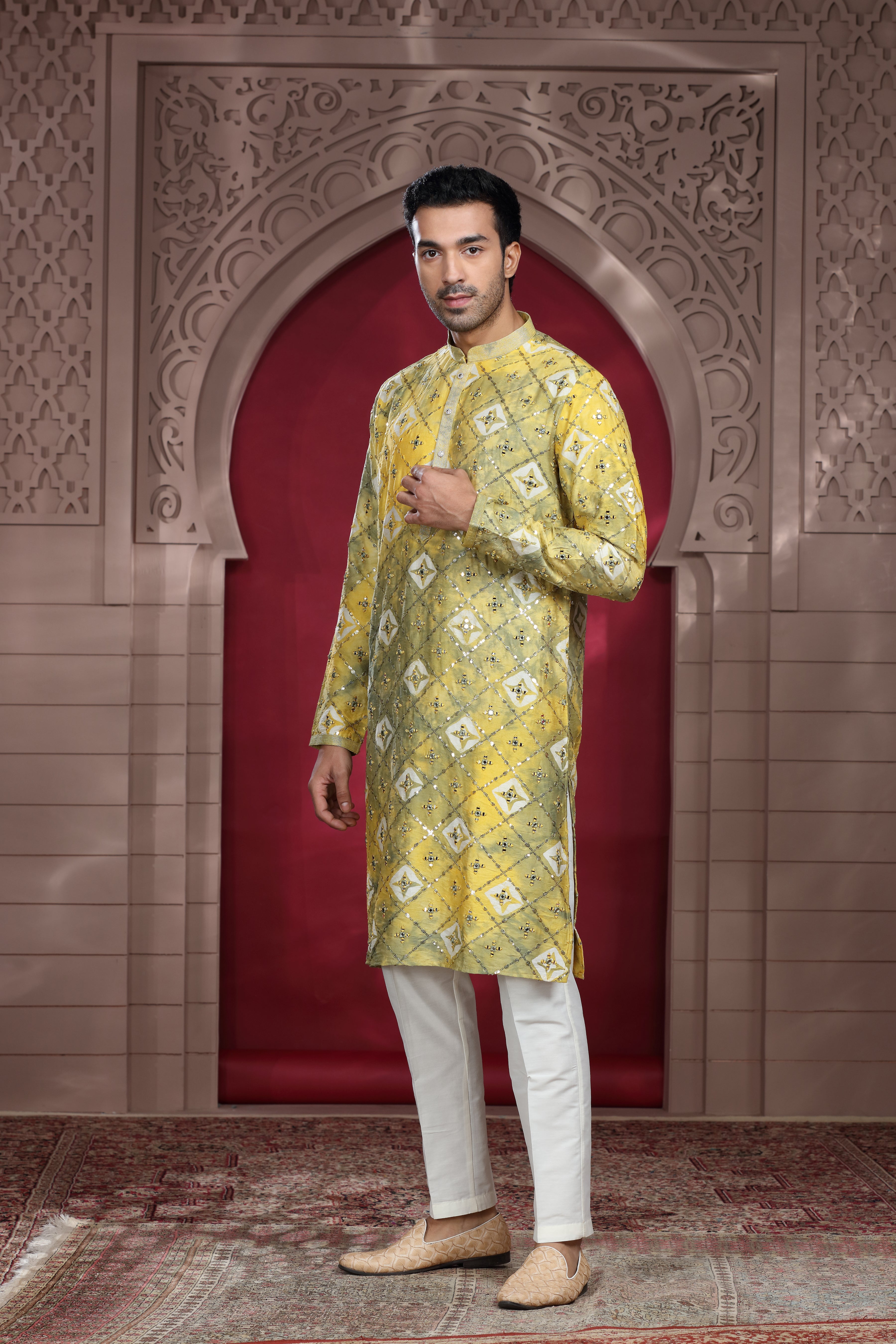 Yellow Silk Kurta Set with Resham Thread & Sequence Work