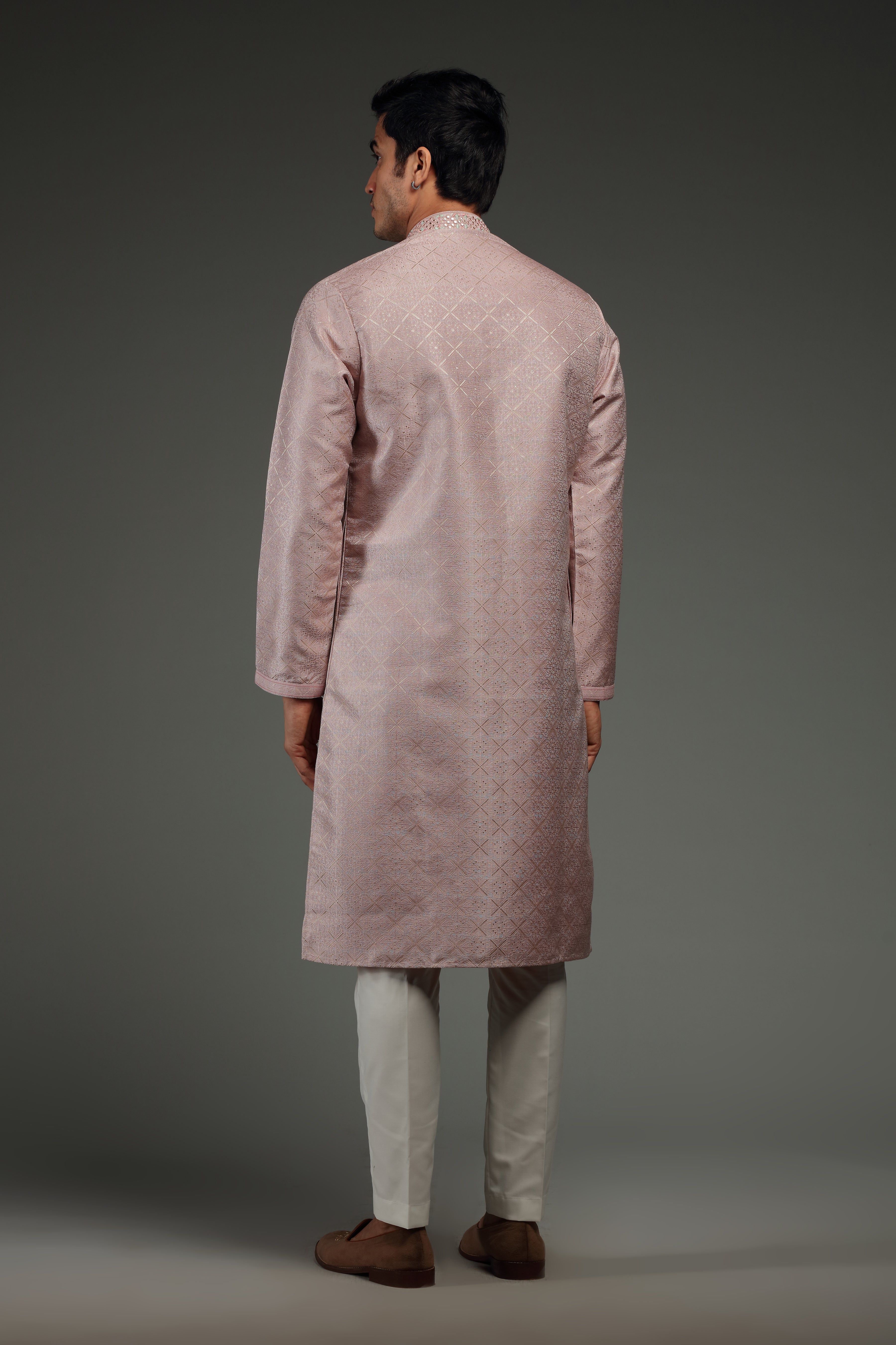 Pastel Pink Kurta Set with Resham and Mirror Embroidery - Shreeman