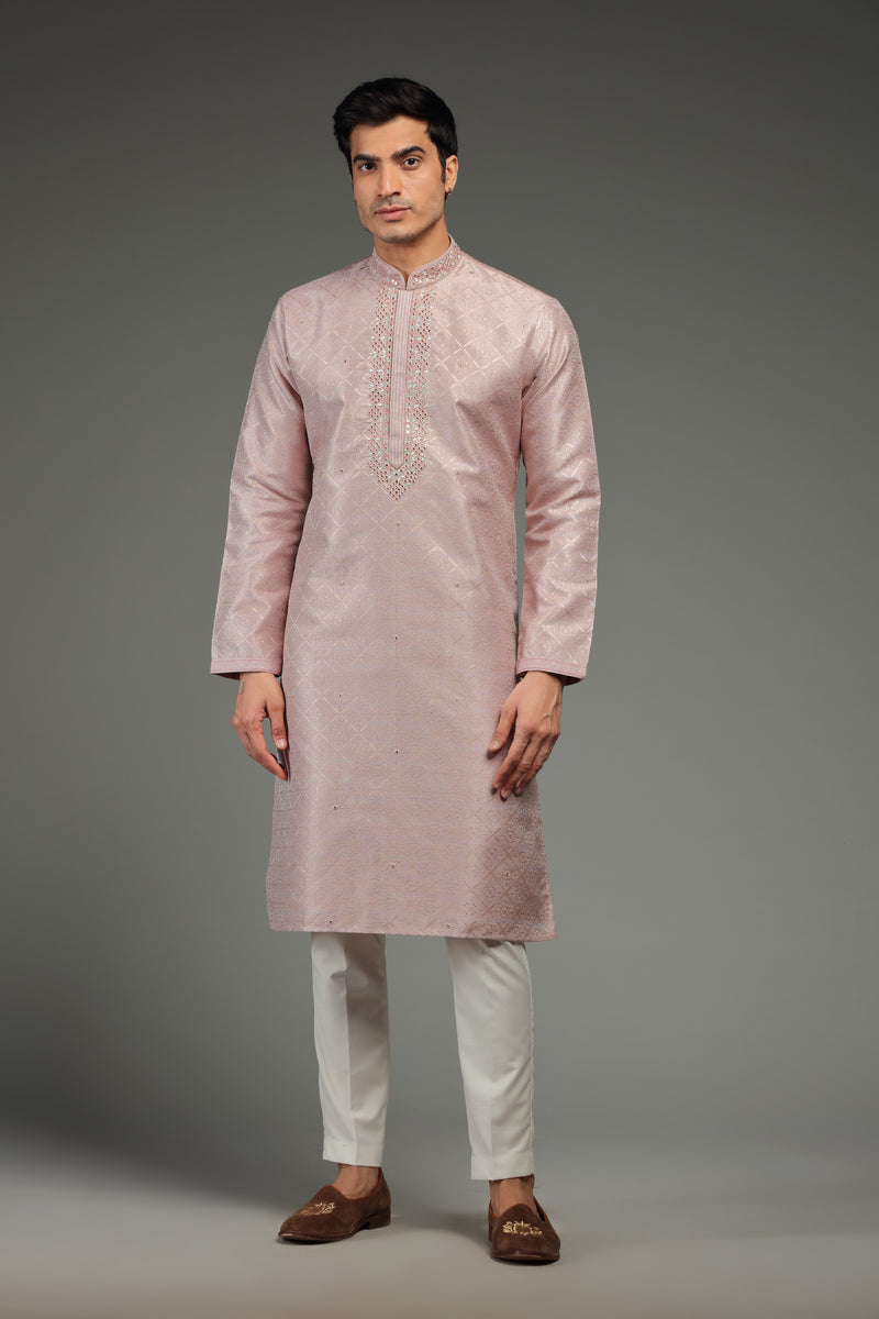 Pastel Pink Kurta Set with Resham and Mirror Embroidery