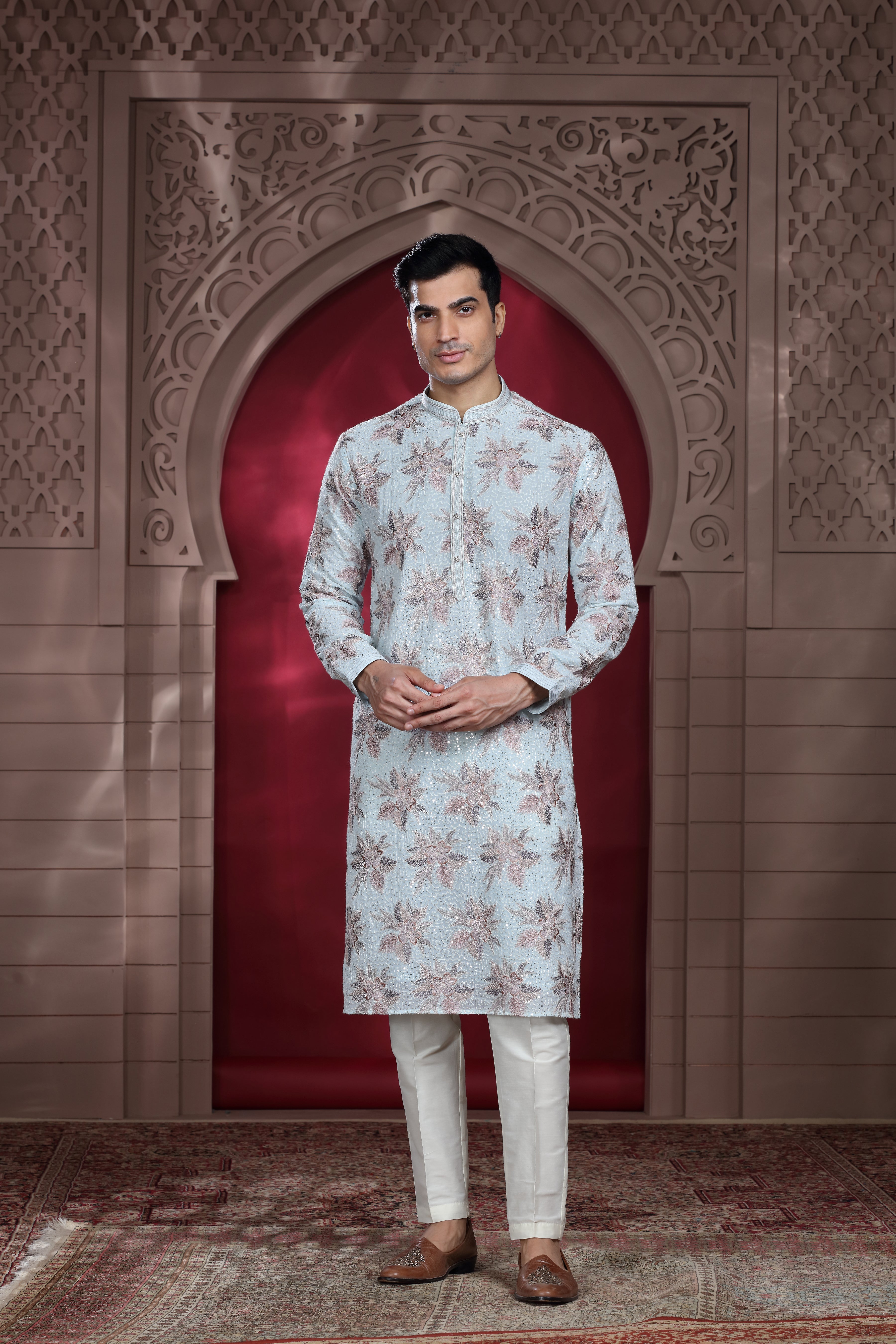 Ivory Silk Kurta Set with Thread Embroidery & Sequence Work