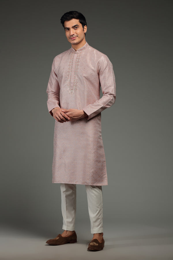 Pastel Pink Kurta Set with Resham and Mirror Embroidery