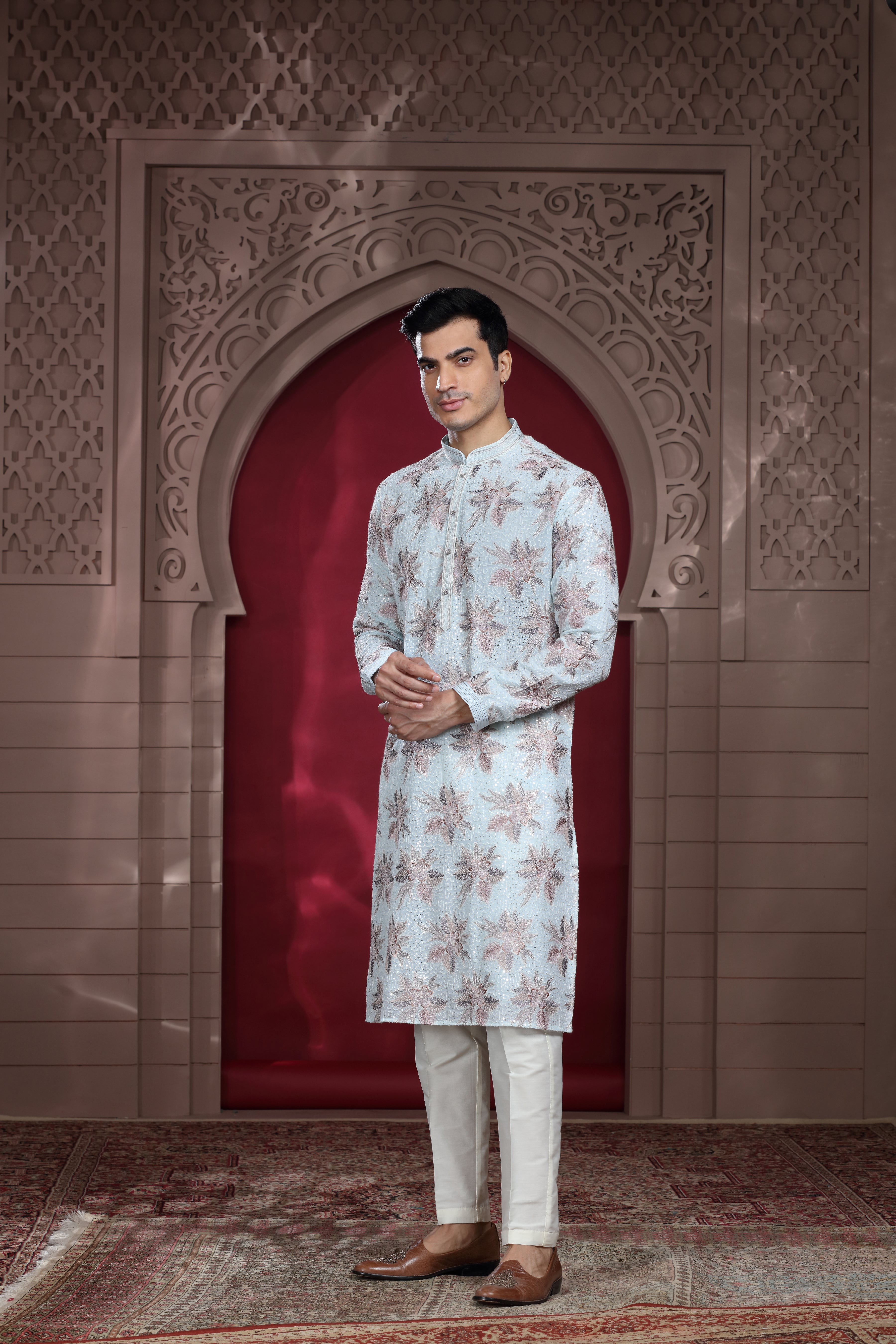 Ivory Silk Kurta Set with Thread Embroidery & Sequence Work